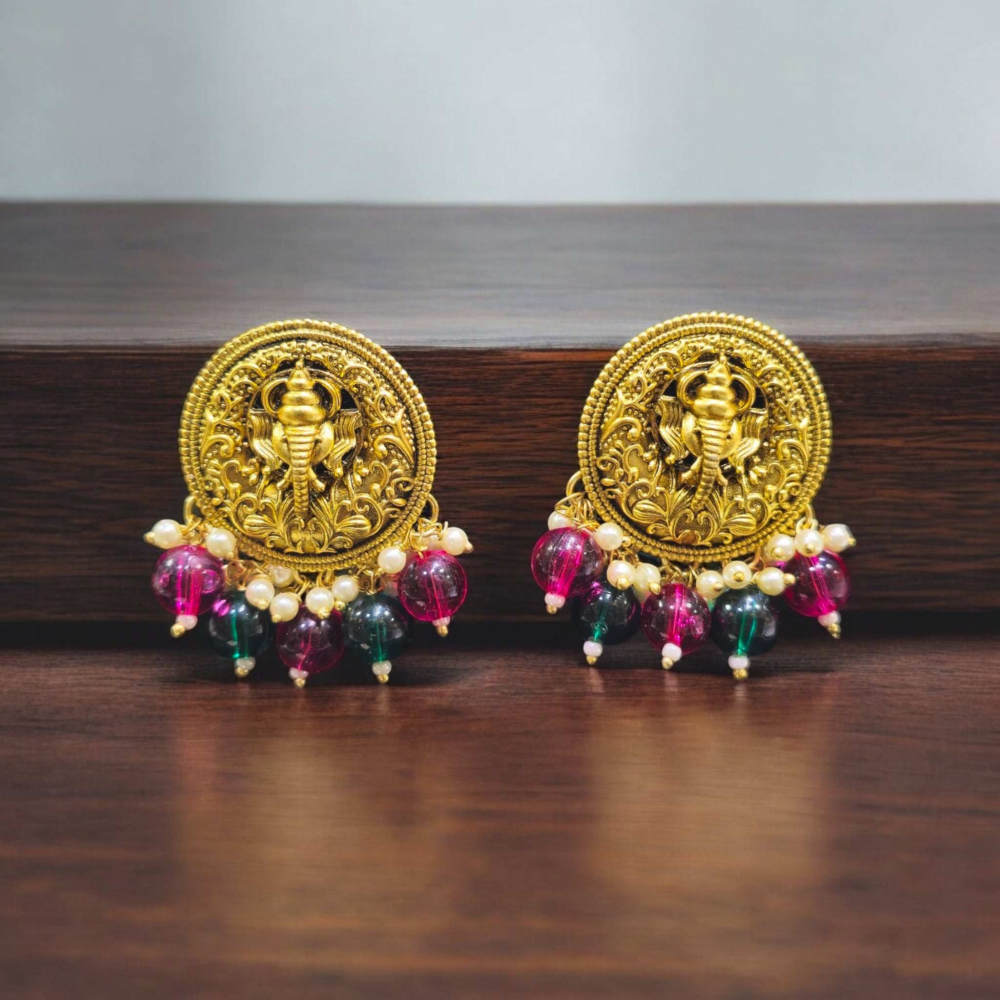 FW RubyGreen Temple Antique Earrings