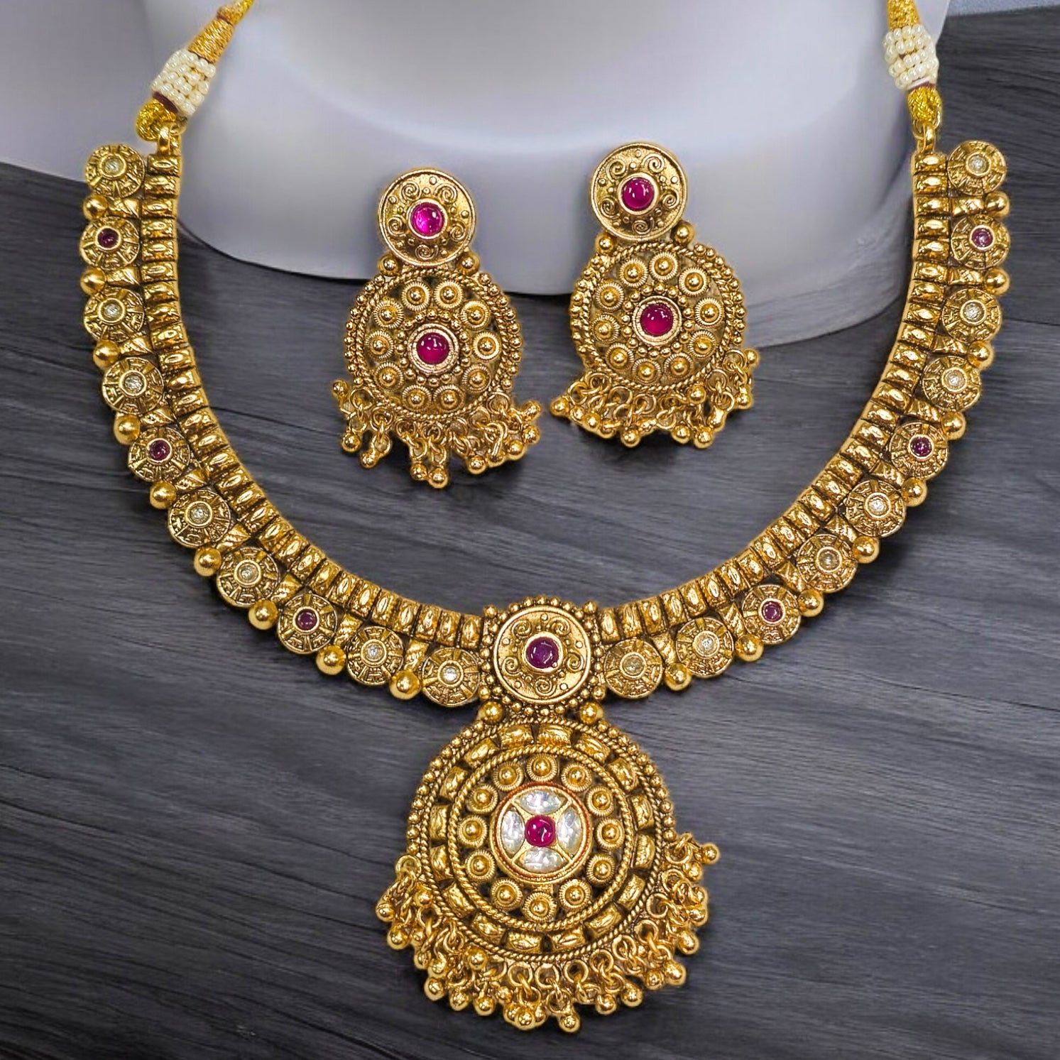 FW Ruby Kundan Matt Finish Antique Necklace Set