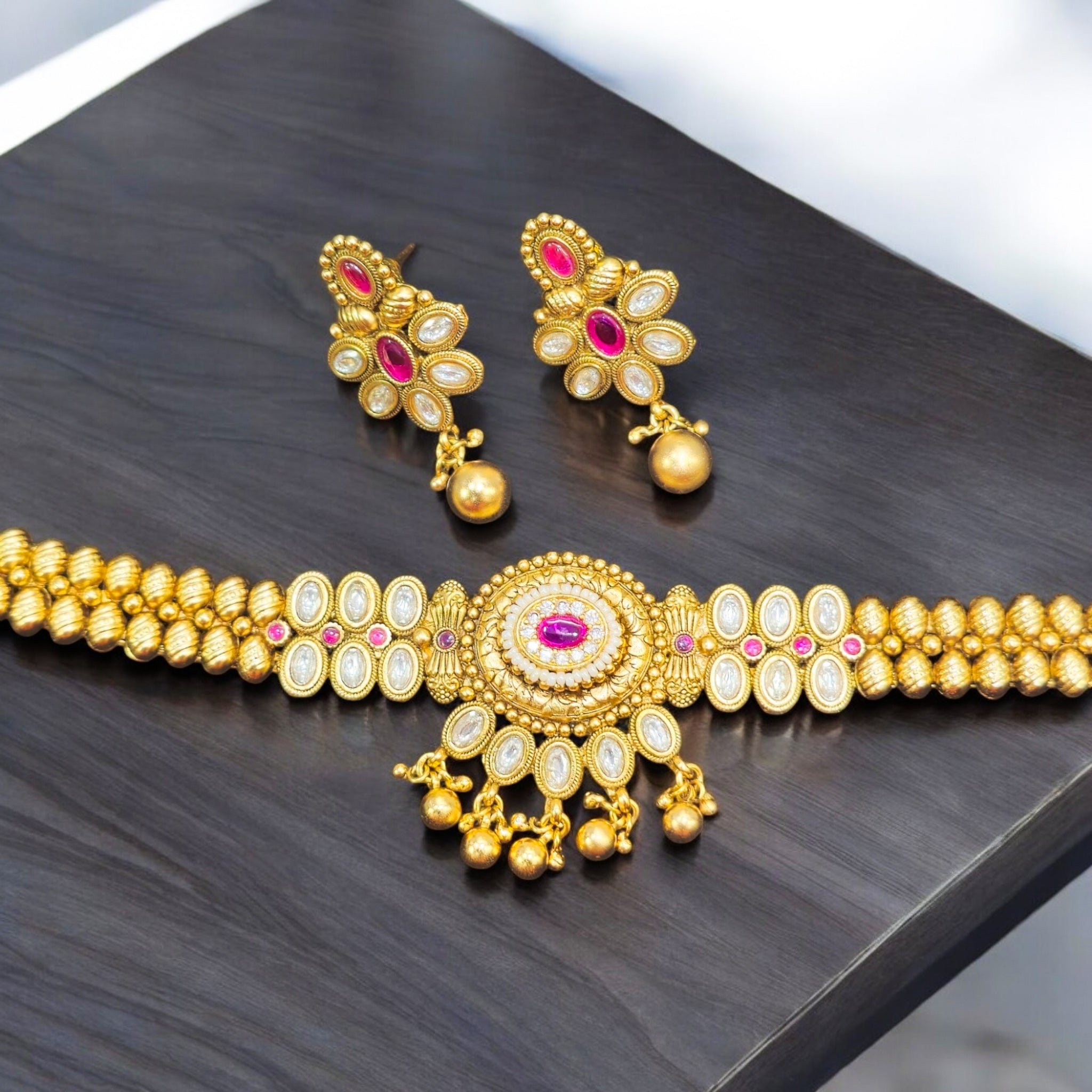 FW Ruby Kundan Antique Choker with Earrings