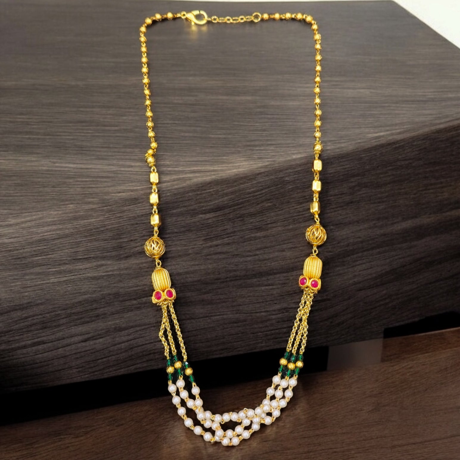 FW Rubygreen Gold Plated Pearl Mala with Earrings