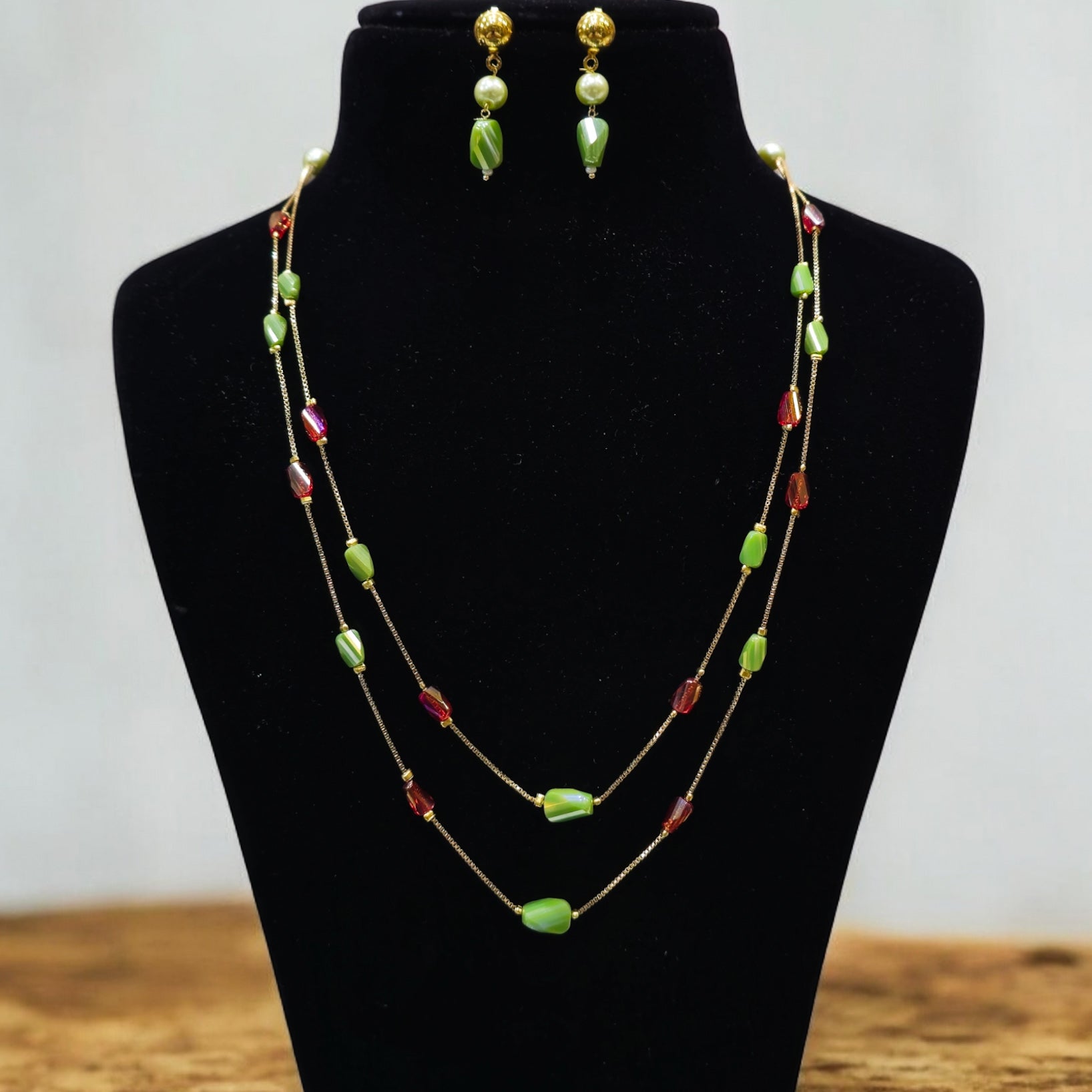 FW Parrot Green & Red Crystal Mala with Earring