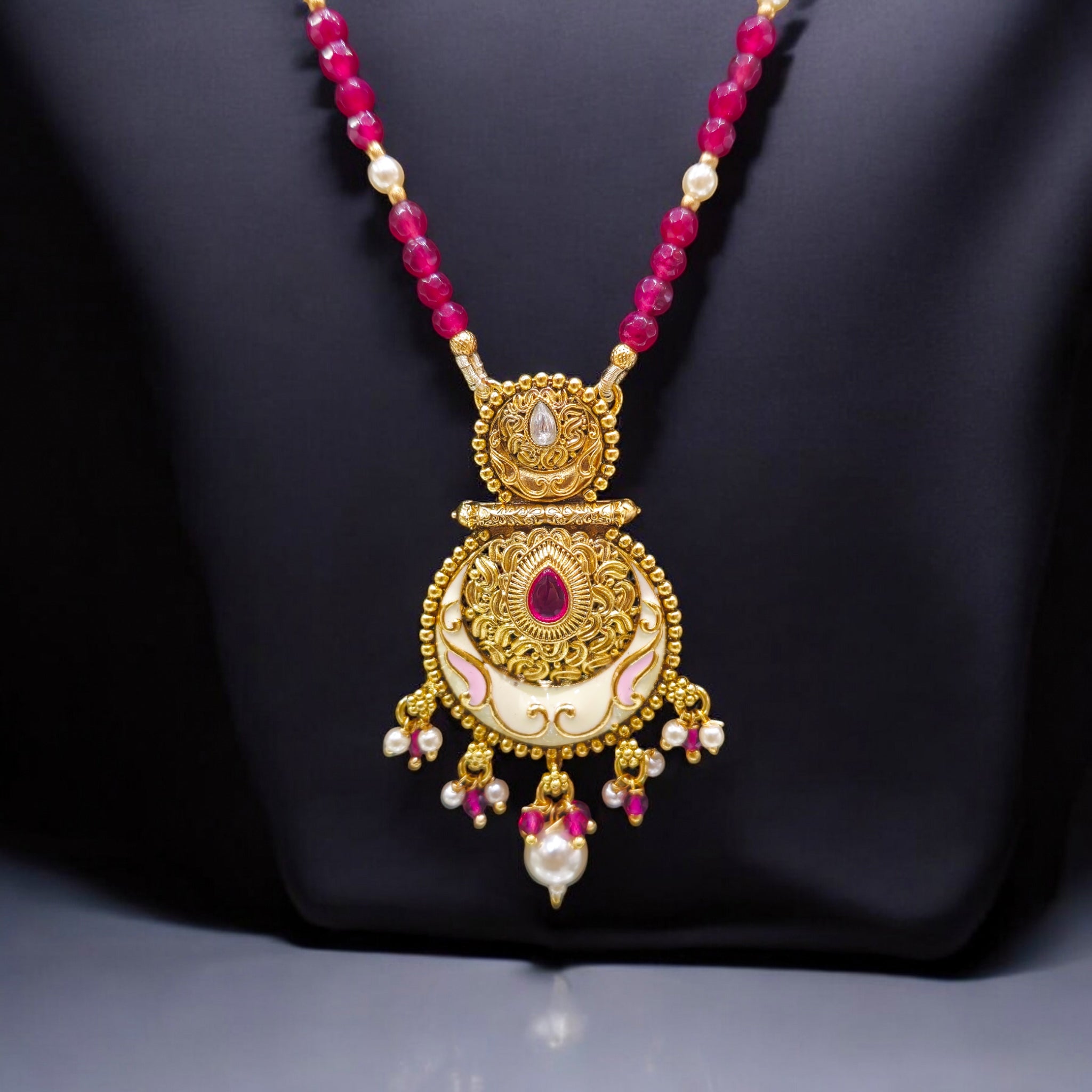 FW Ruby Crystal Pearl Mala with Antique Pendant