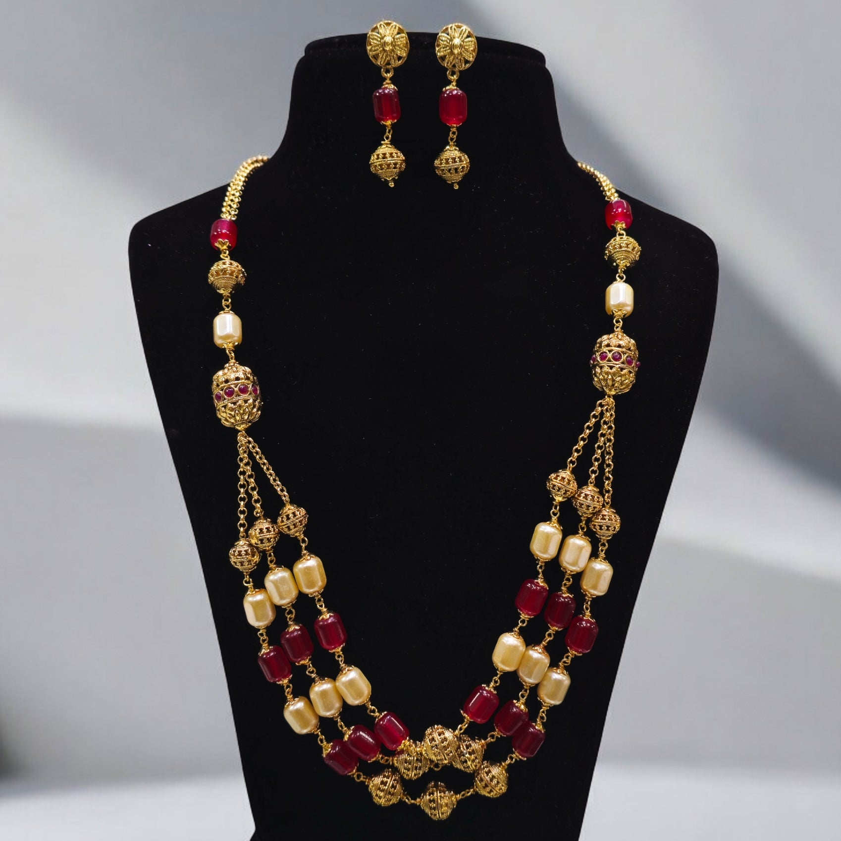 FW Gold Plated Red 3 Layer Mala with Earrings