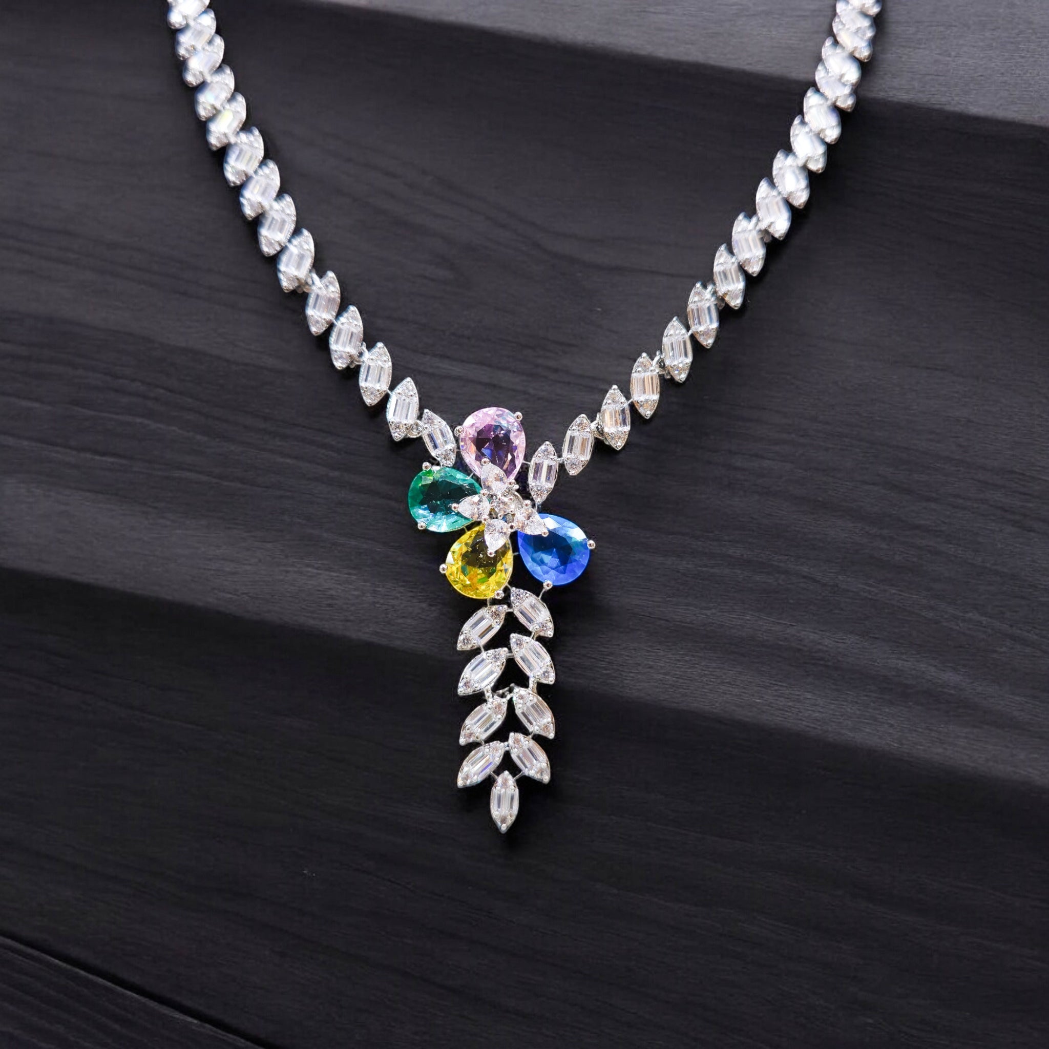 FW Rhodium Plated Multicolor AD Necklace with earrings