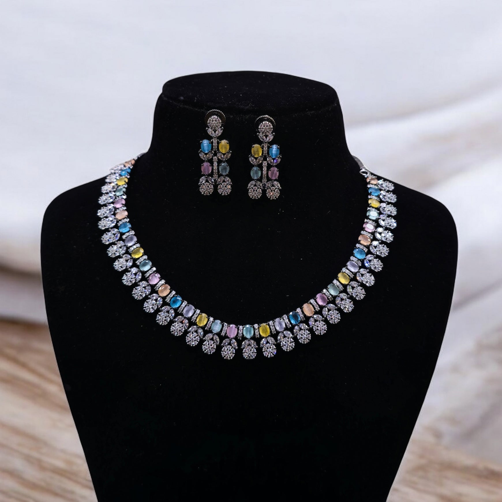 FW Black Plated Multicolor AD Necklace with Earrings