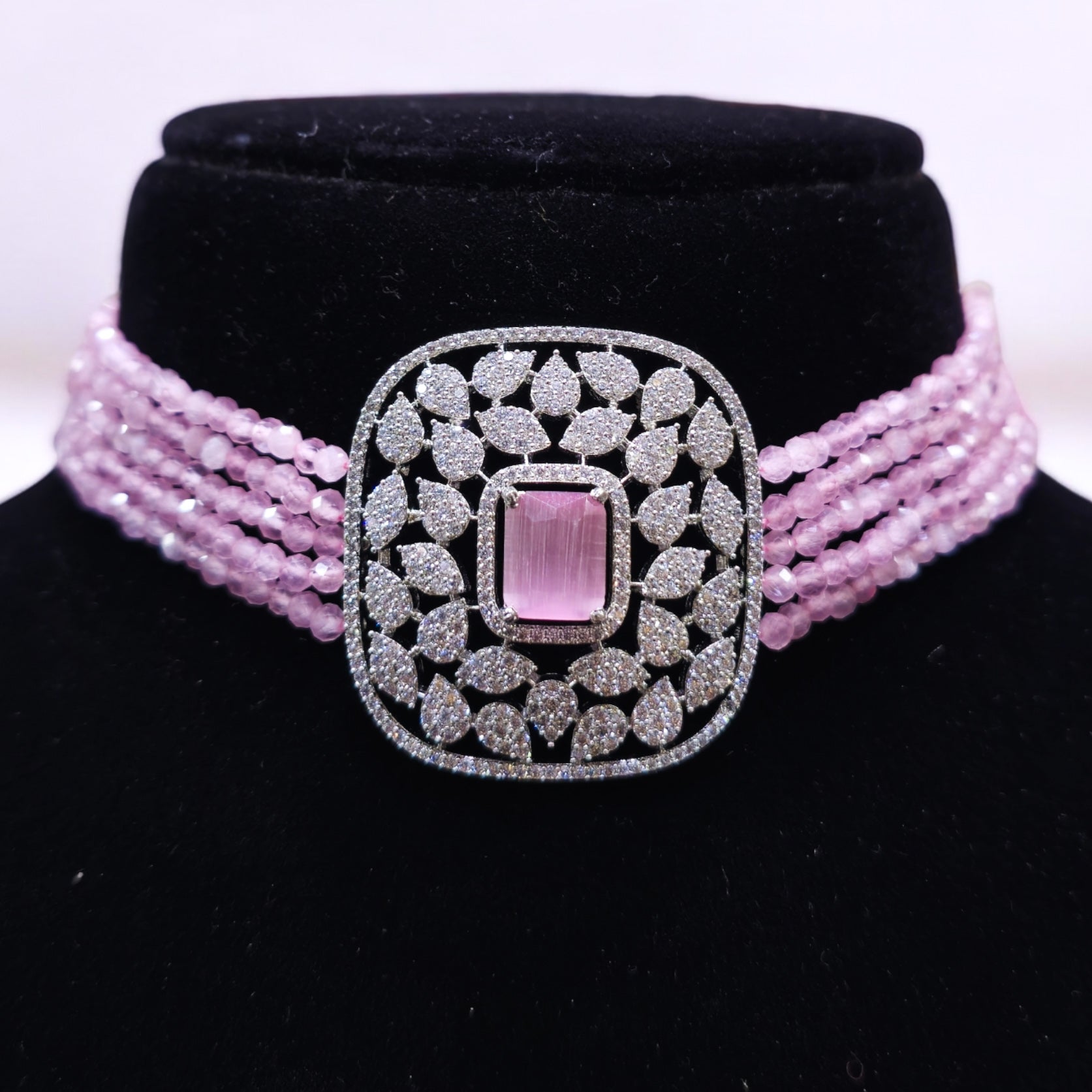 FW Rhodium Plated Pink AD Crystal Choker with Earrings