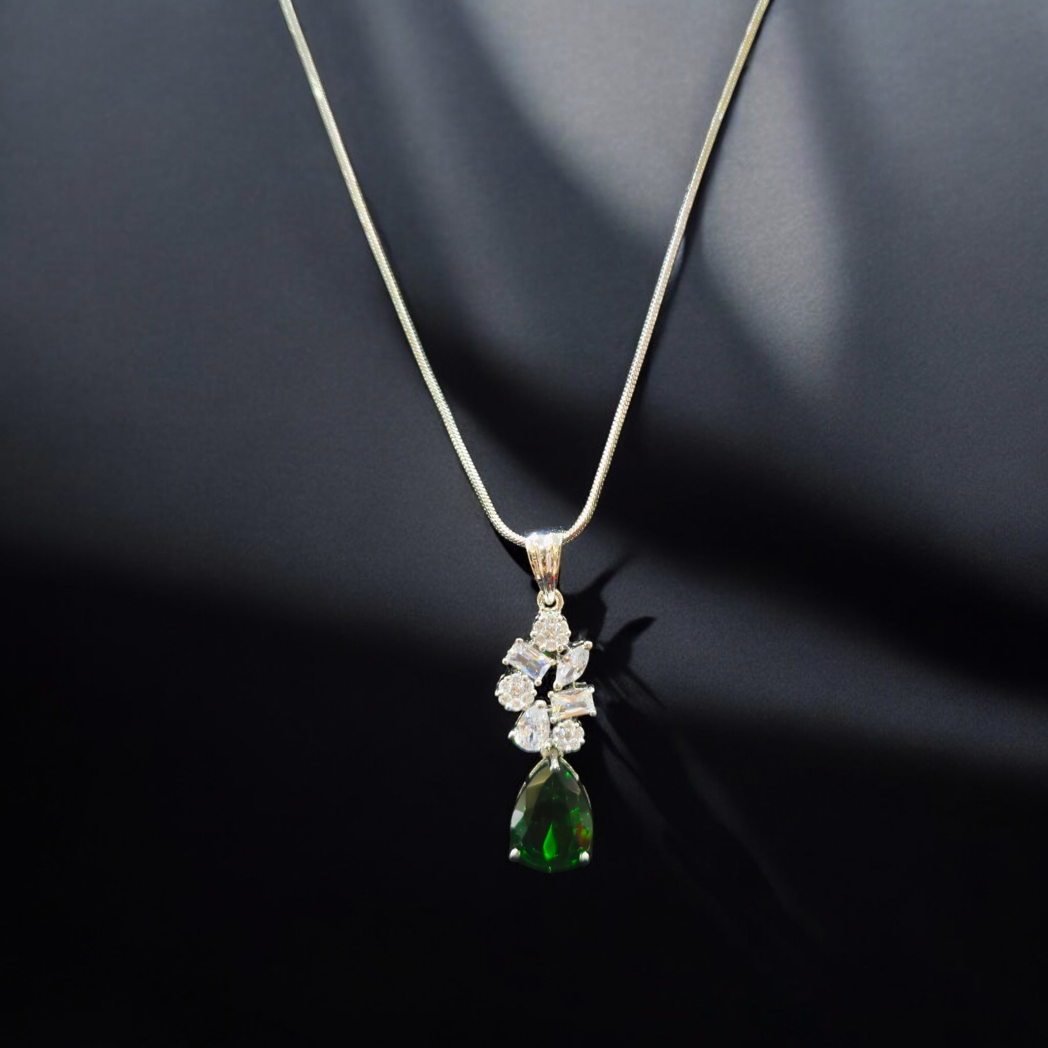 FW Green AD Stone Rhodium Plated Pendant Set