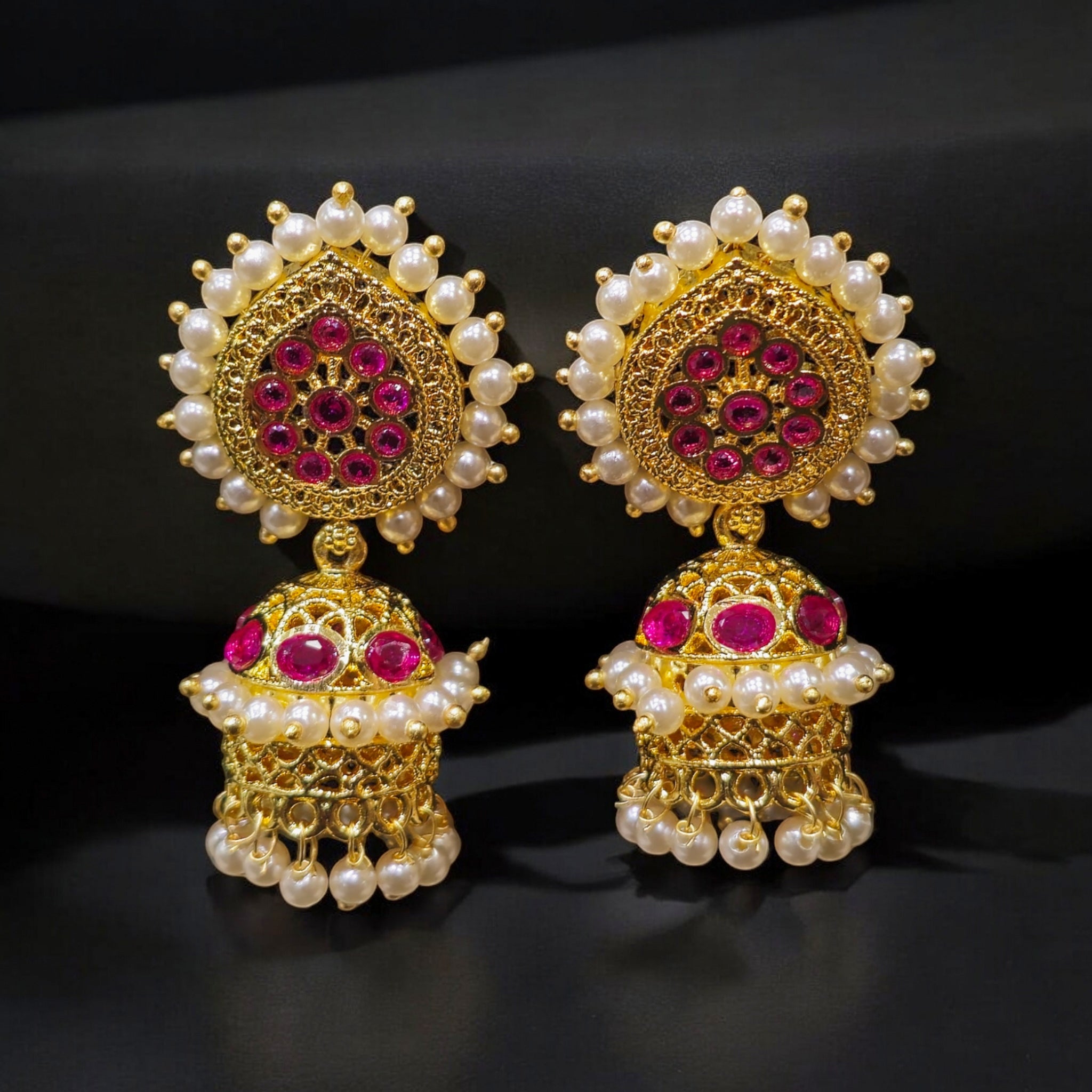 FW Ruby Stone Gold Plated Pearl Jhumka