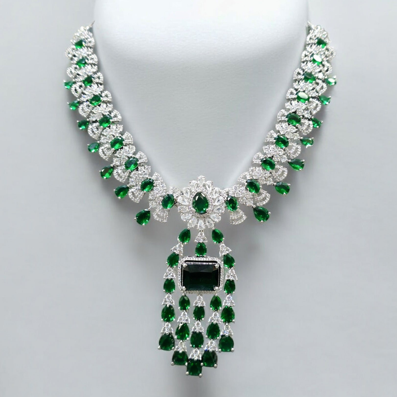 FW Emerald Stone Rhodium Plated Necklace Set