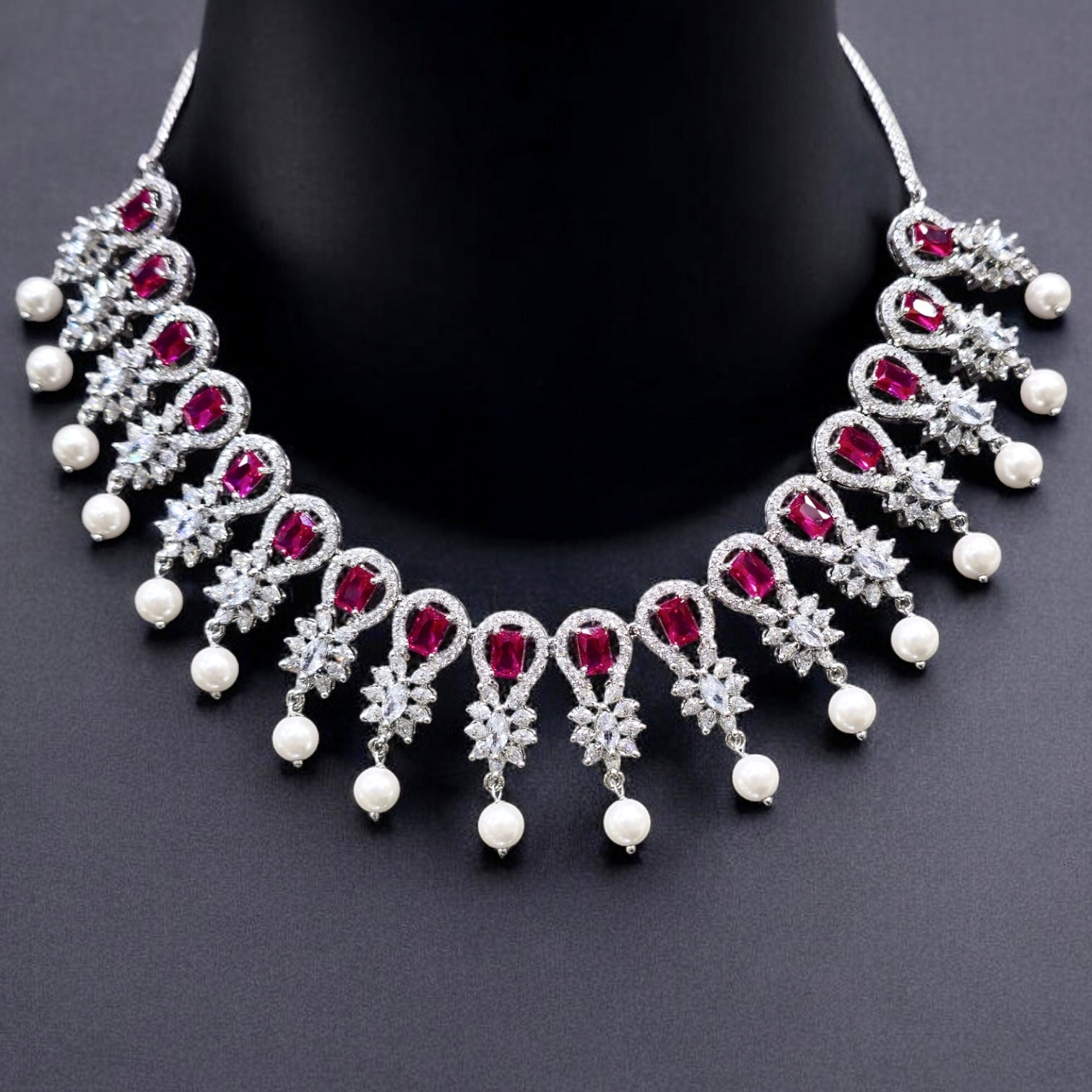 FW Ruby Stone AD Pearl Necklace Set