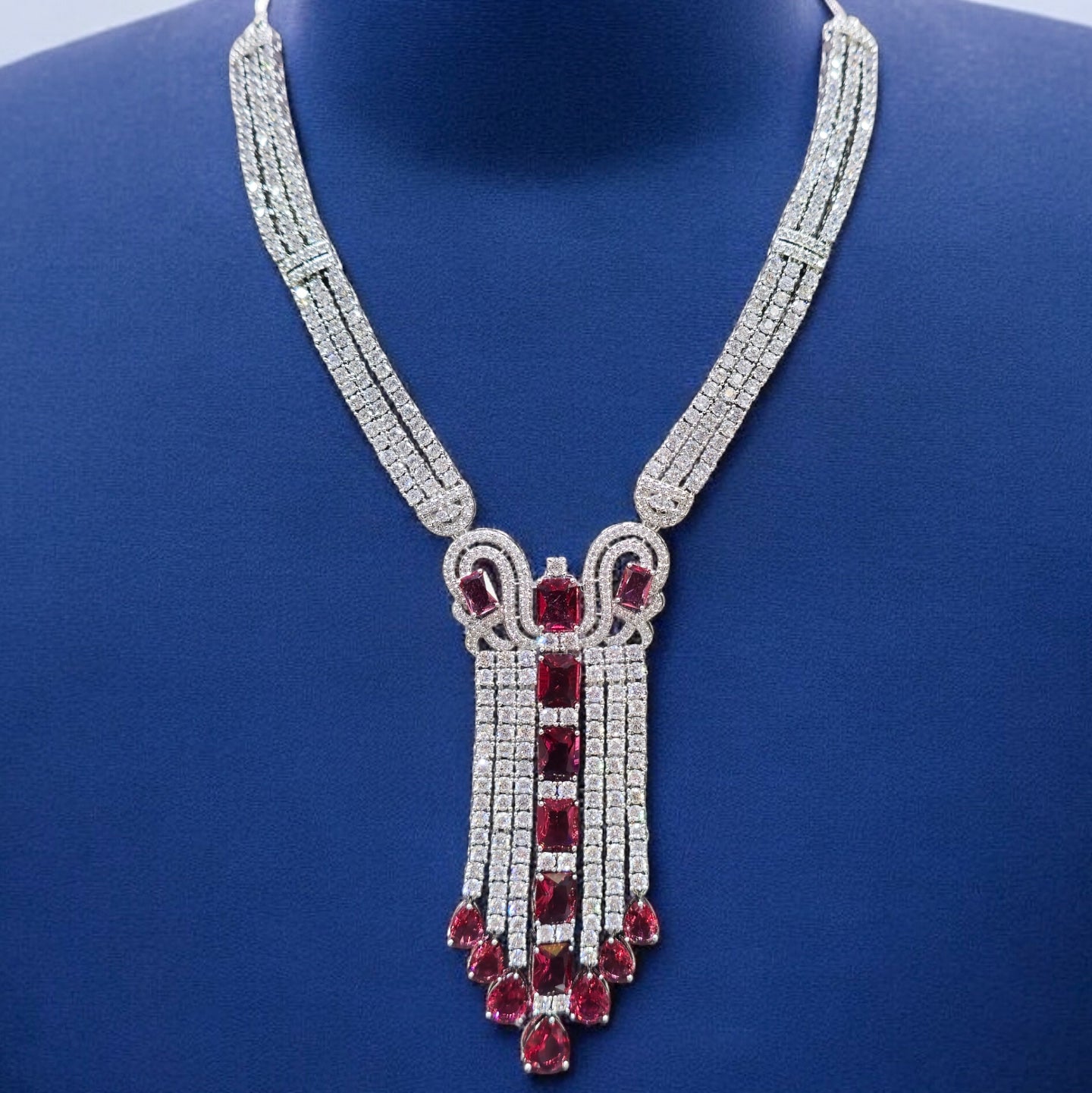 FW Maroon AD Stone Rhodium Plated Necklace Set