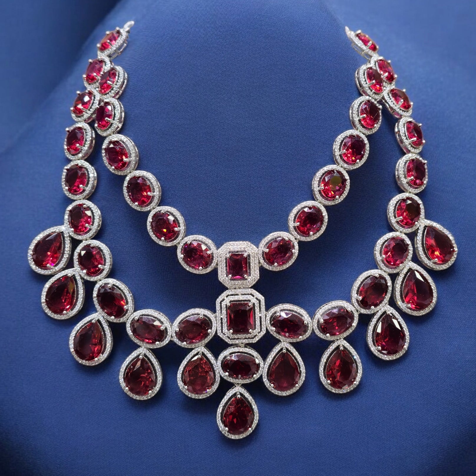 FW Maroon AD Stone Rhodium Plated Necklace Set