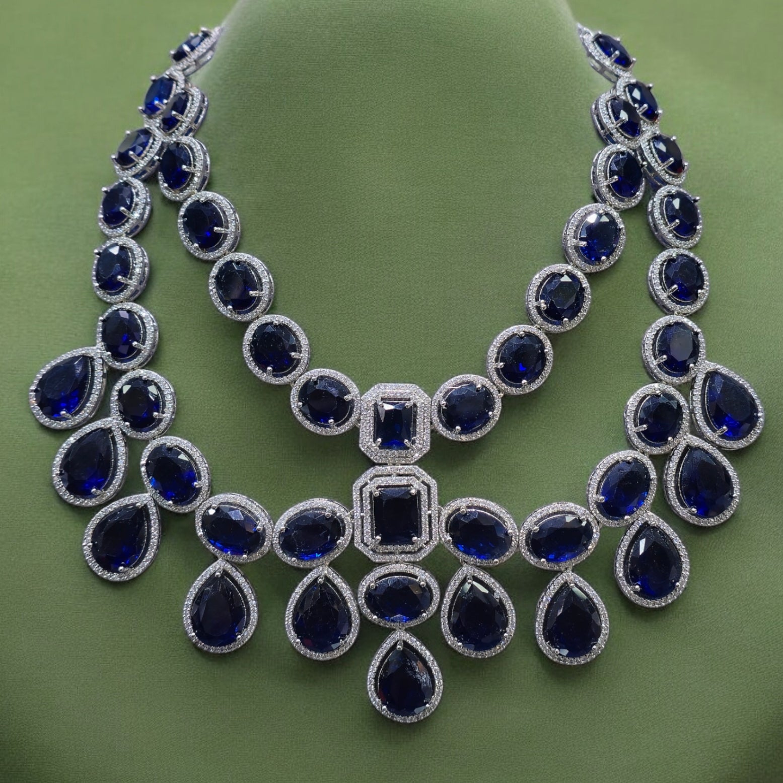 FW Blue AD Stone Rhodium Plated Necklace Set