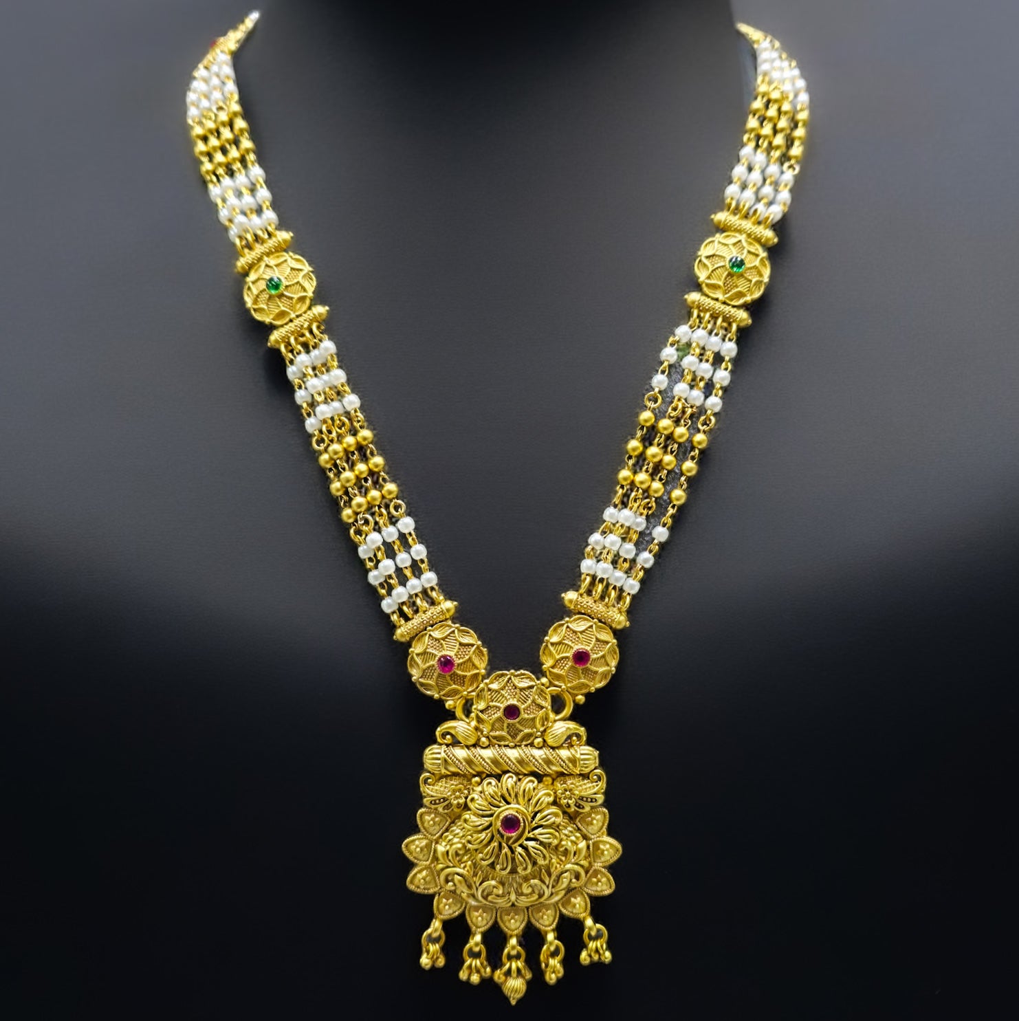 Long Pearl Gold Plated Antique Necklace Set