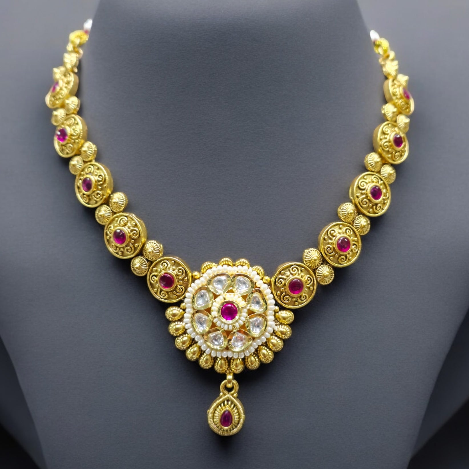 Ruby & Kundan Gold Plated Antique Necklace Set