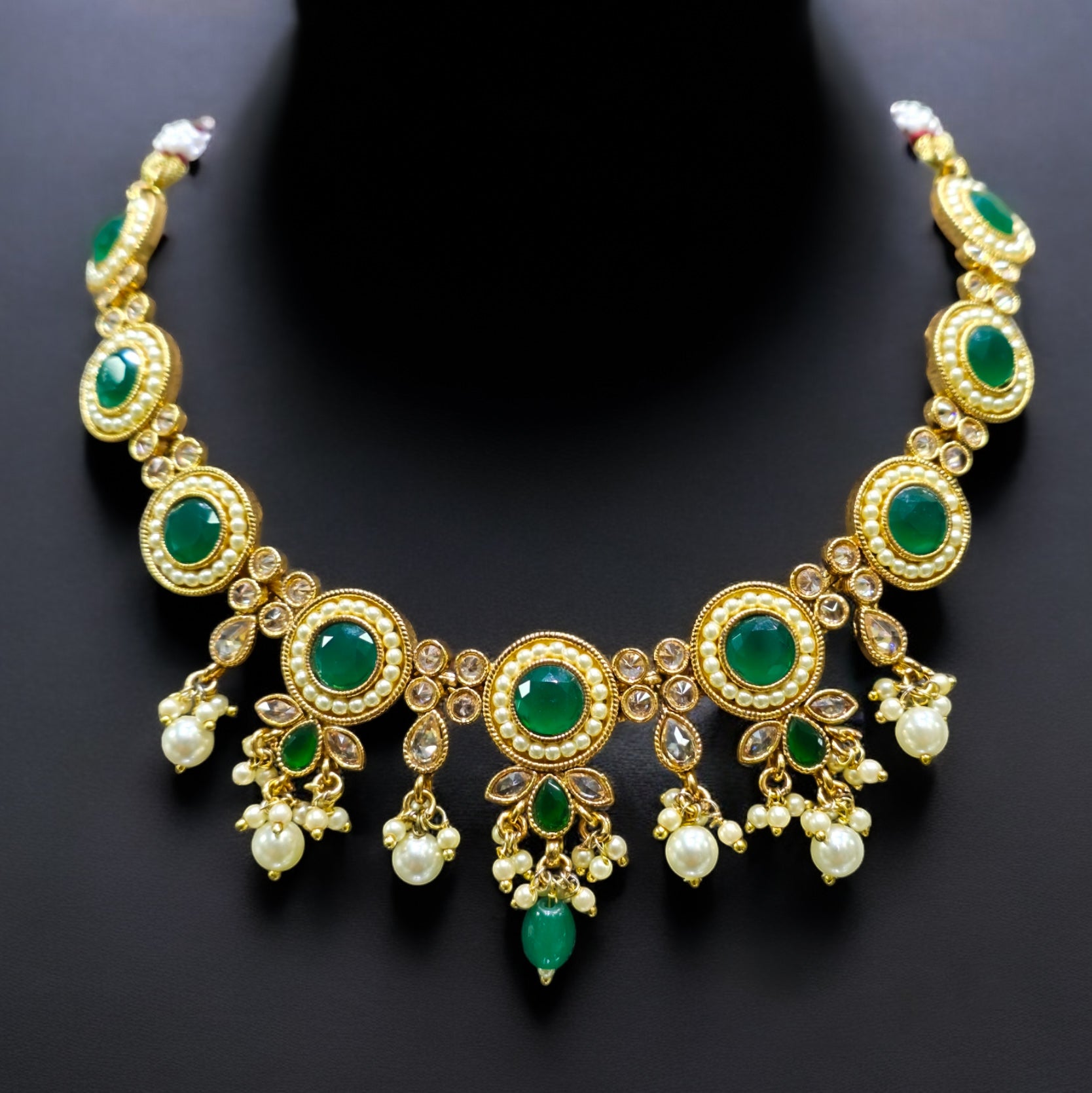 Green LCT Stone White Pearl Antique Necklace Set