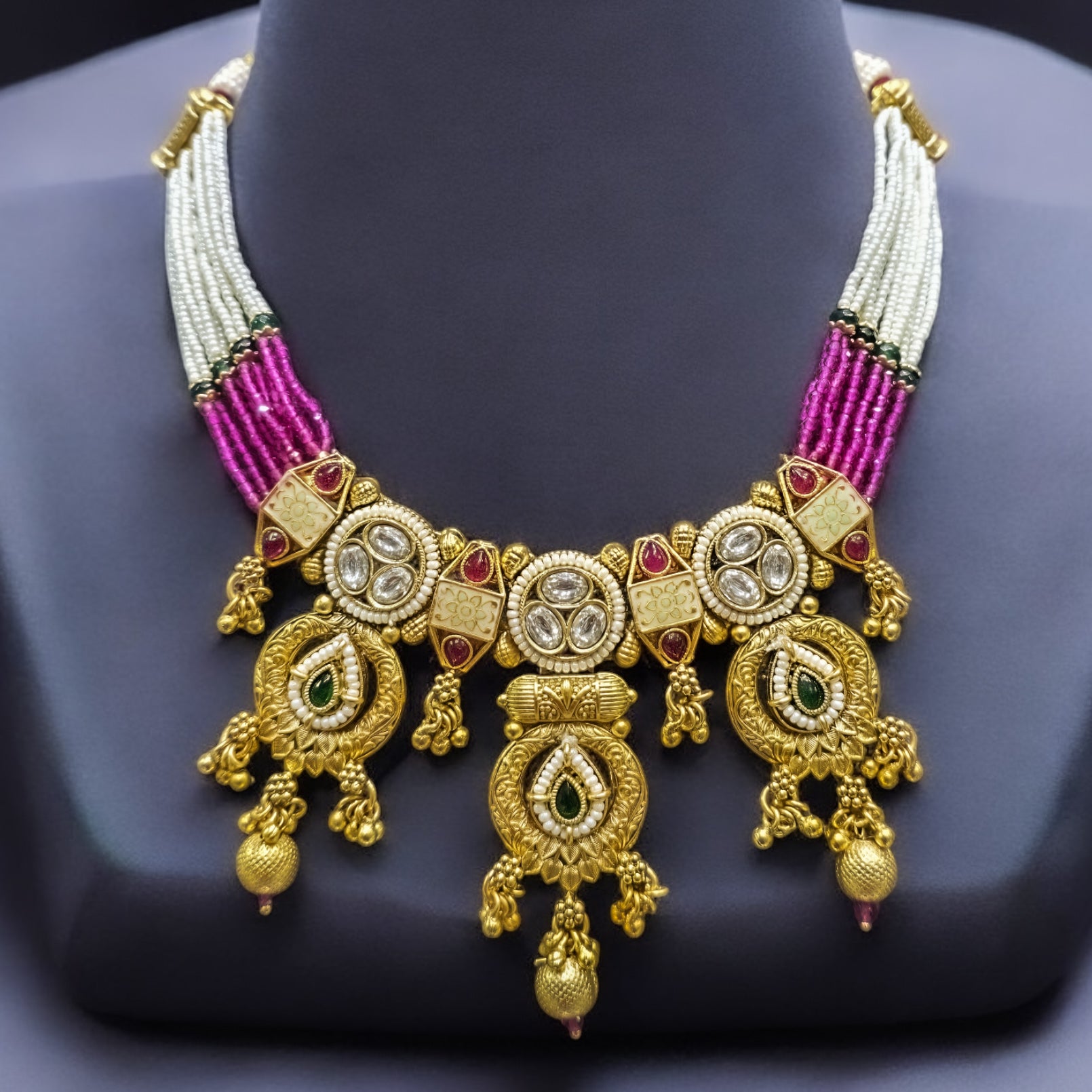 White & Ruby Crystal Gold Plated Antique Necklace Set