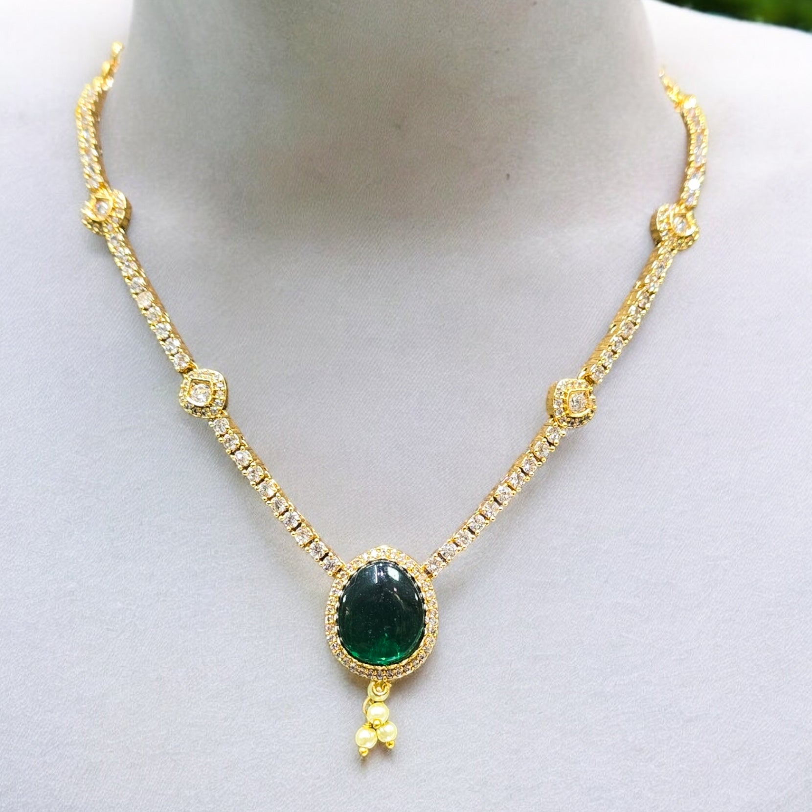 Green Stone Gold Plated Antique Necklace with Earrings