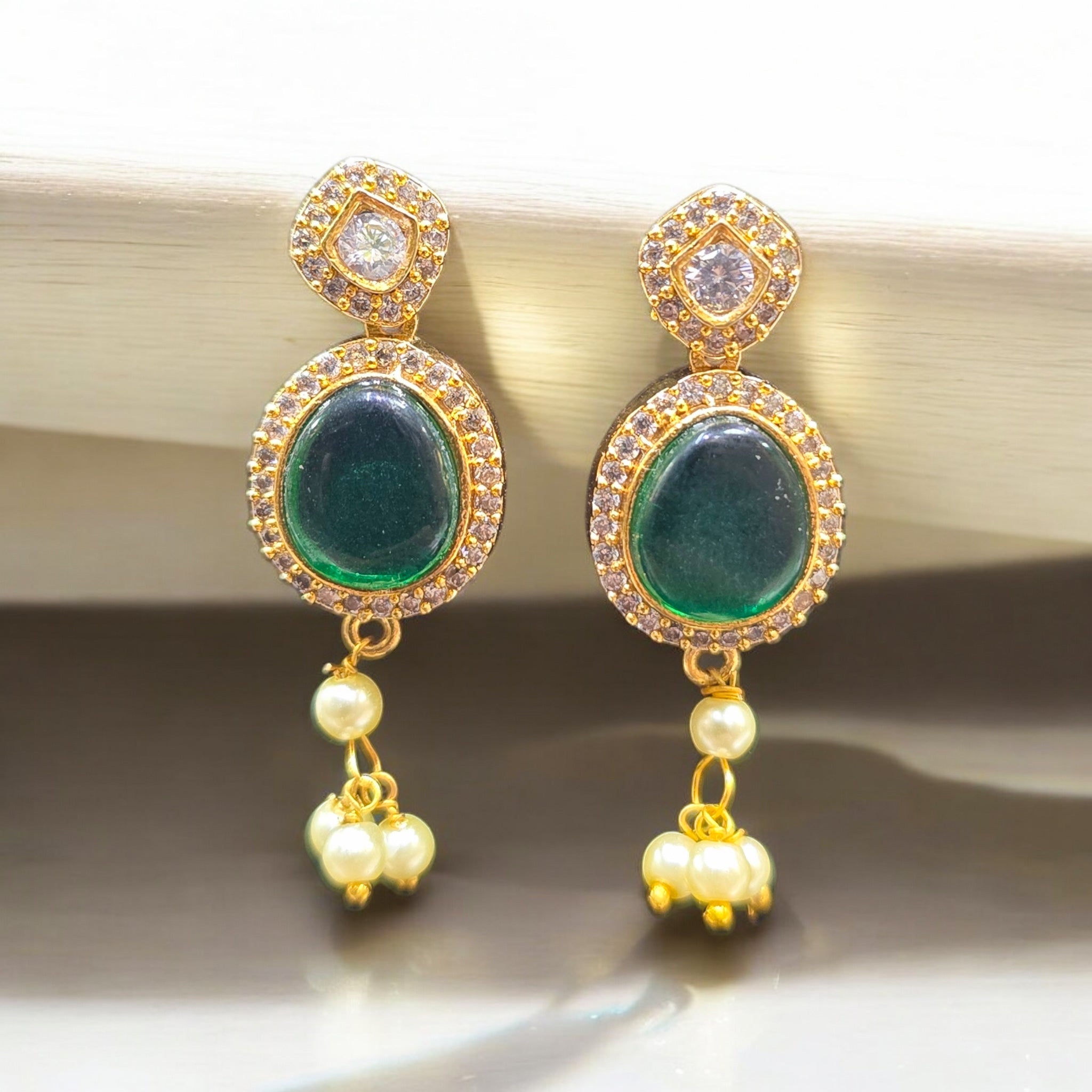 Green Stone Gold Plated Antique Necklace with Earrings