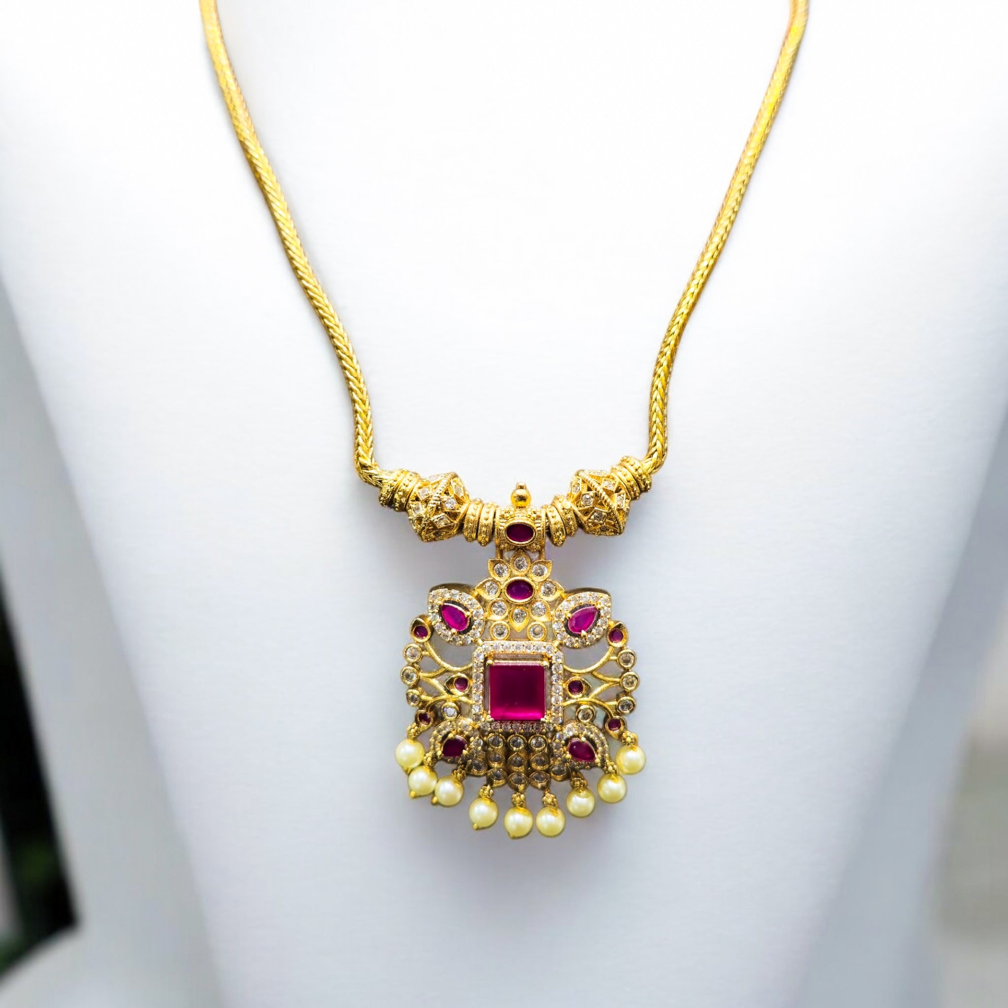 Ruby Stone Gold Plated Antique Necklace with Earrings