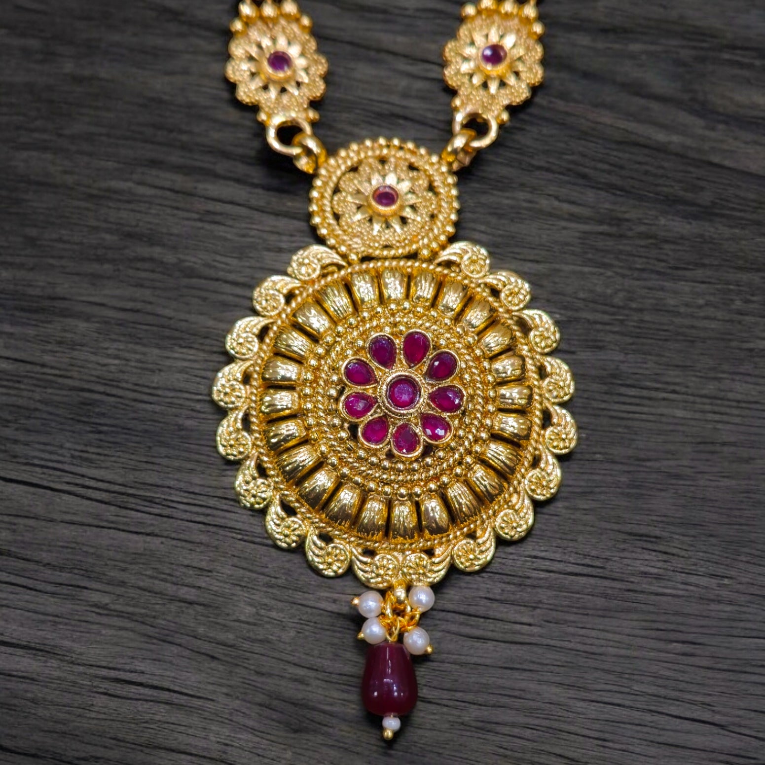 24Inch Long Ruby  Gold Plated Necklace Set