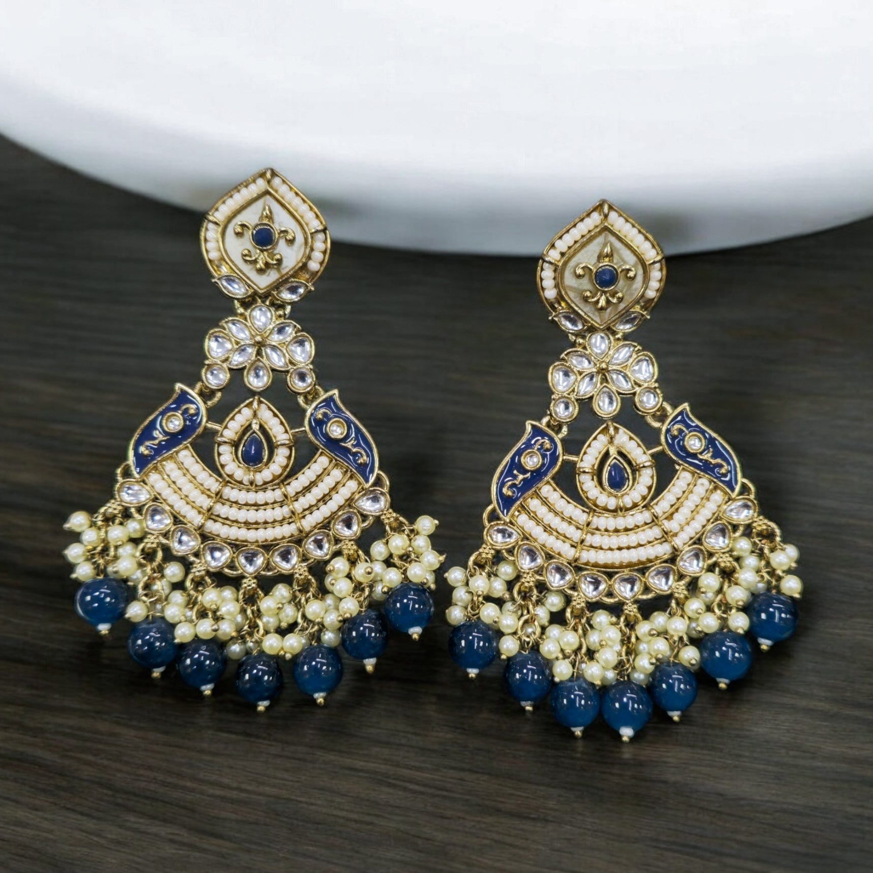 Blue & White Pearl Victorian Plated Indo Western Earring