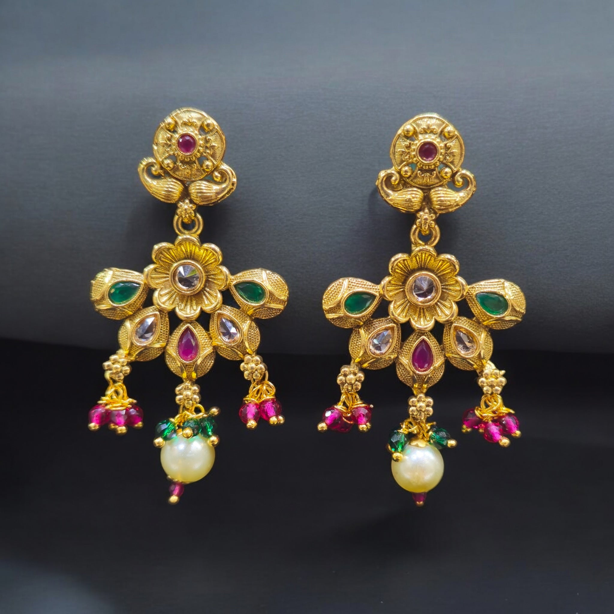 RubyGreen Stone Gold Plated Antique MS 36Inch with Earrings