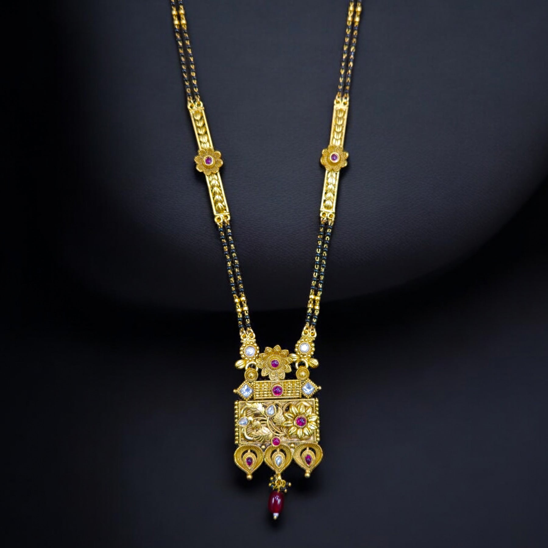 Kundan Ruby Gold Plated 32Inch Antique MS with Earrings