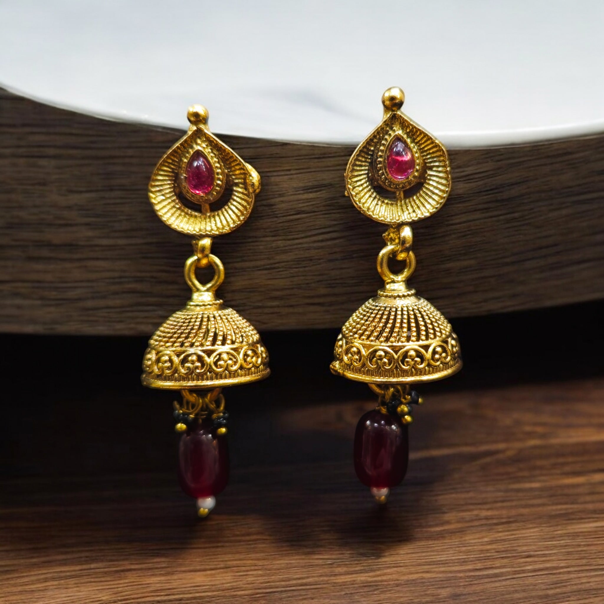 Kundan Ruby Gold Plated 32Inch Antique MS with Earrings