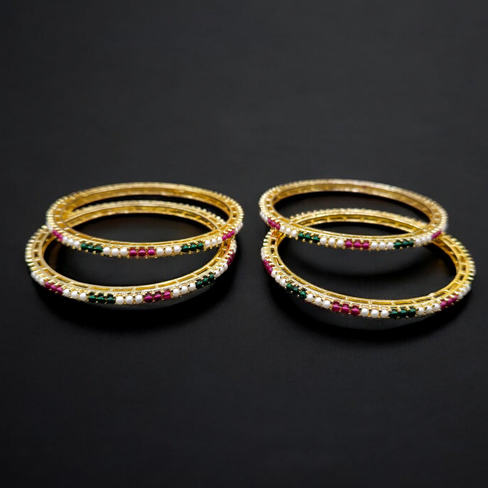 Ruby Green Crystal Pearl 4  Bangles Set