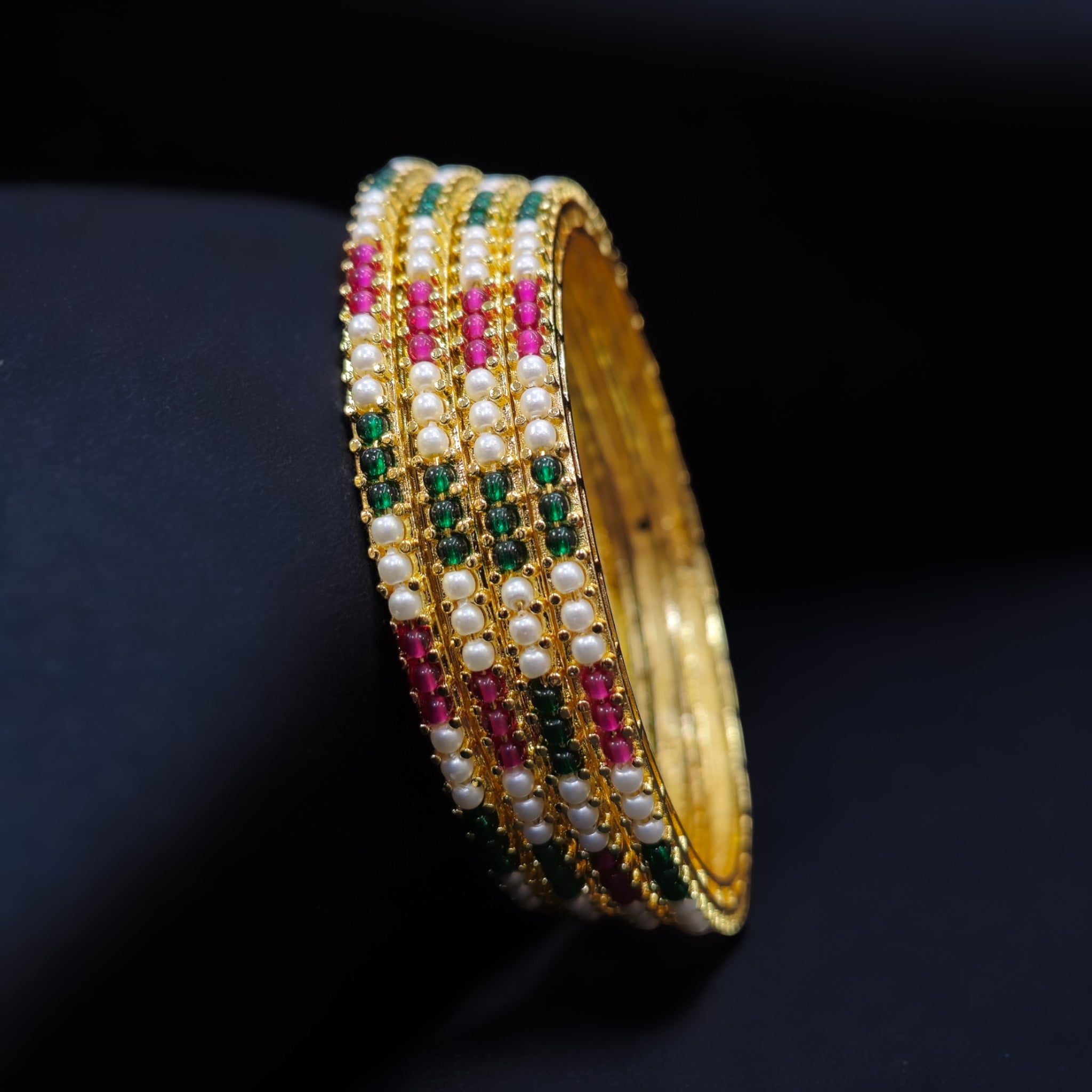 Ruby Green Crystal Pearl 4 Bangles Set