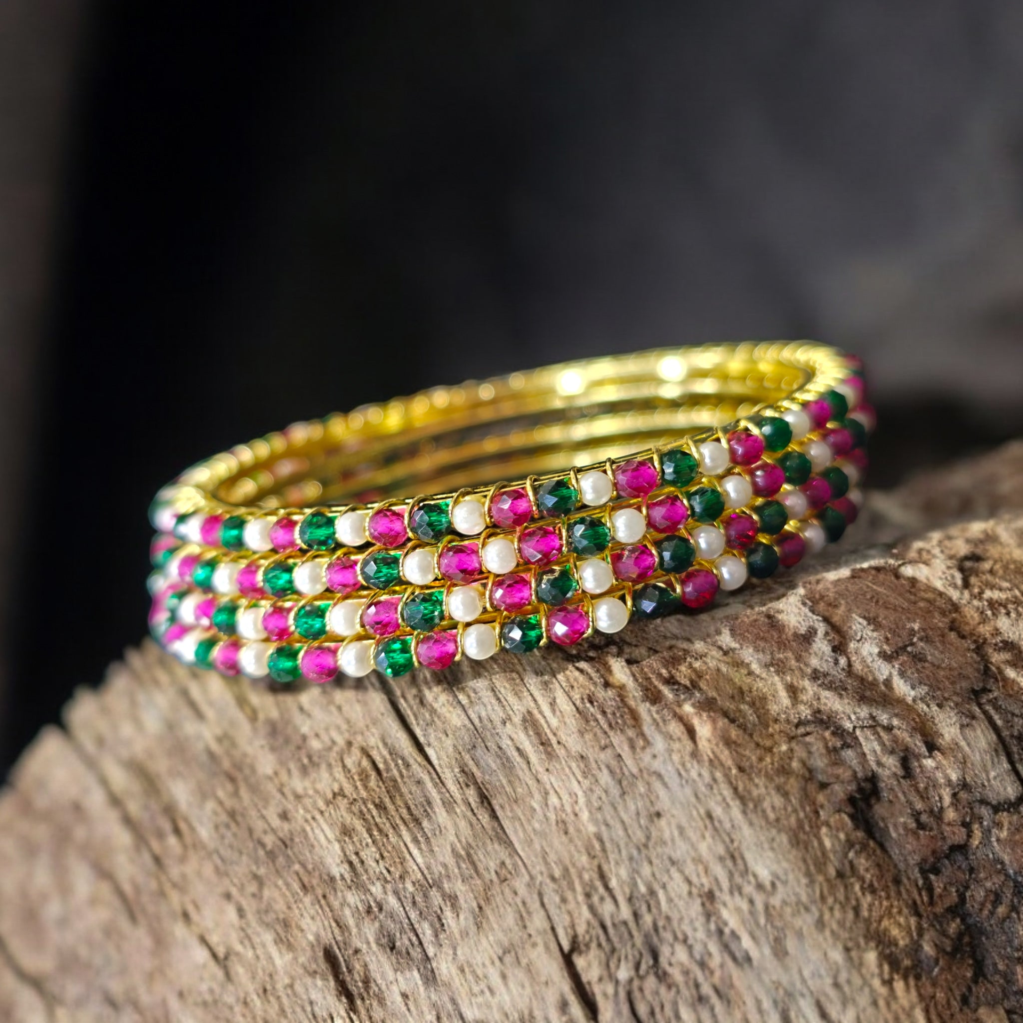 Ruby Green Crystal Pearl 4 Bangles Set