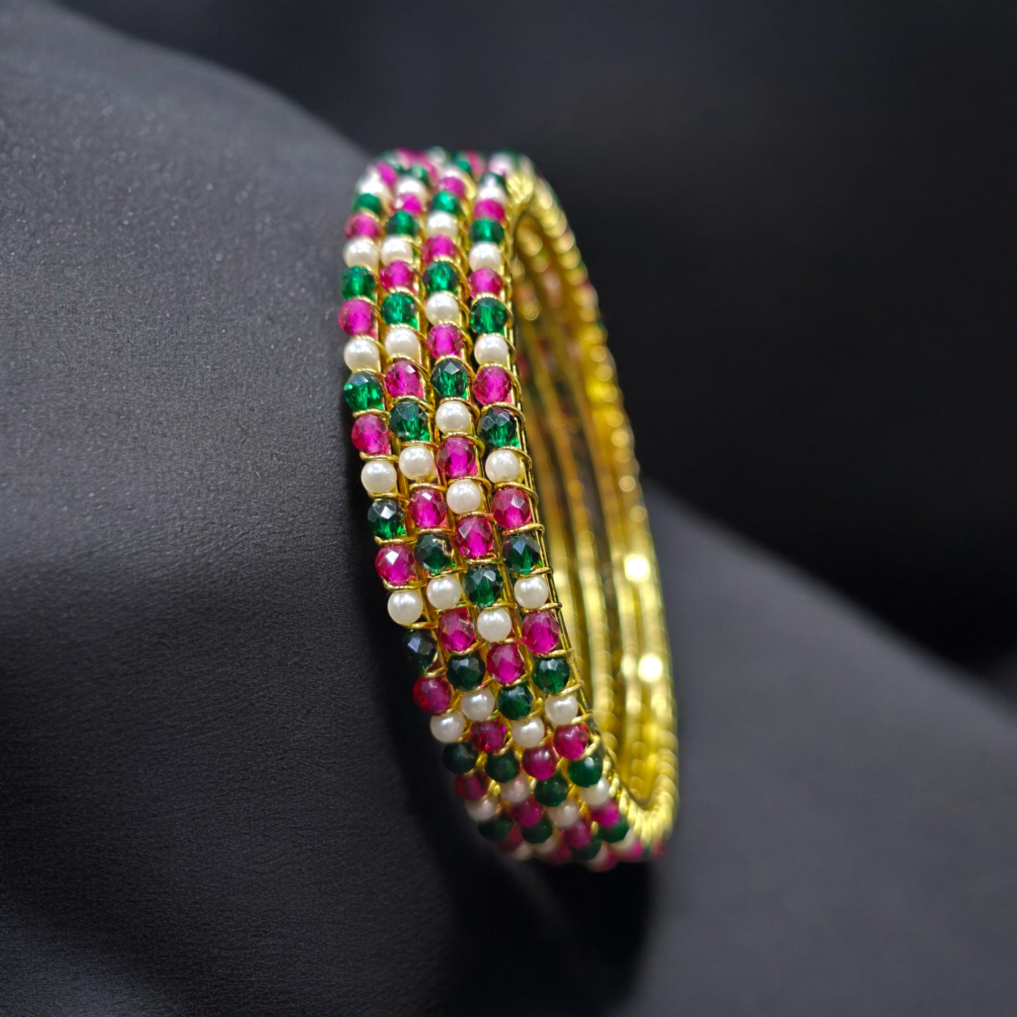 Ruby Green Crystal Pearl 4 Bangles Set