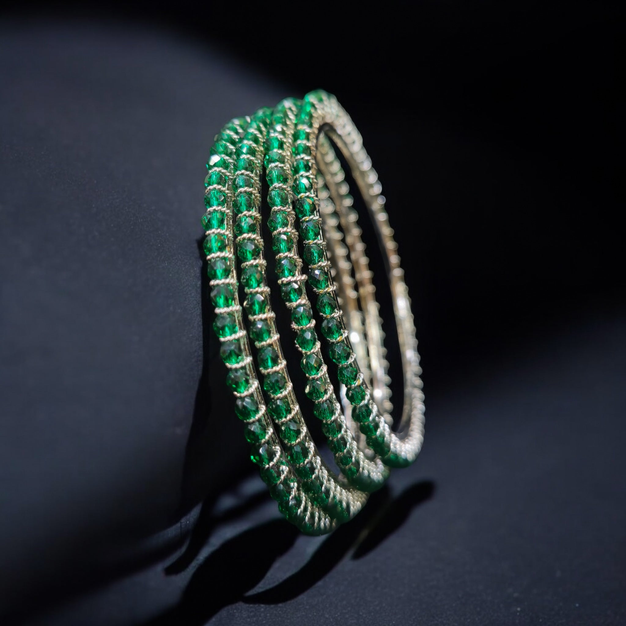 Green Crystal Silver 4 Bangles Set