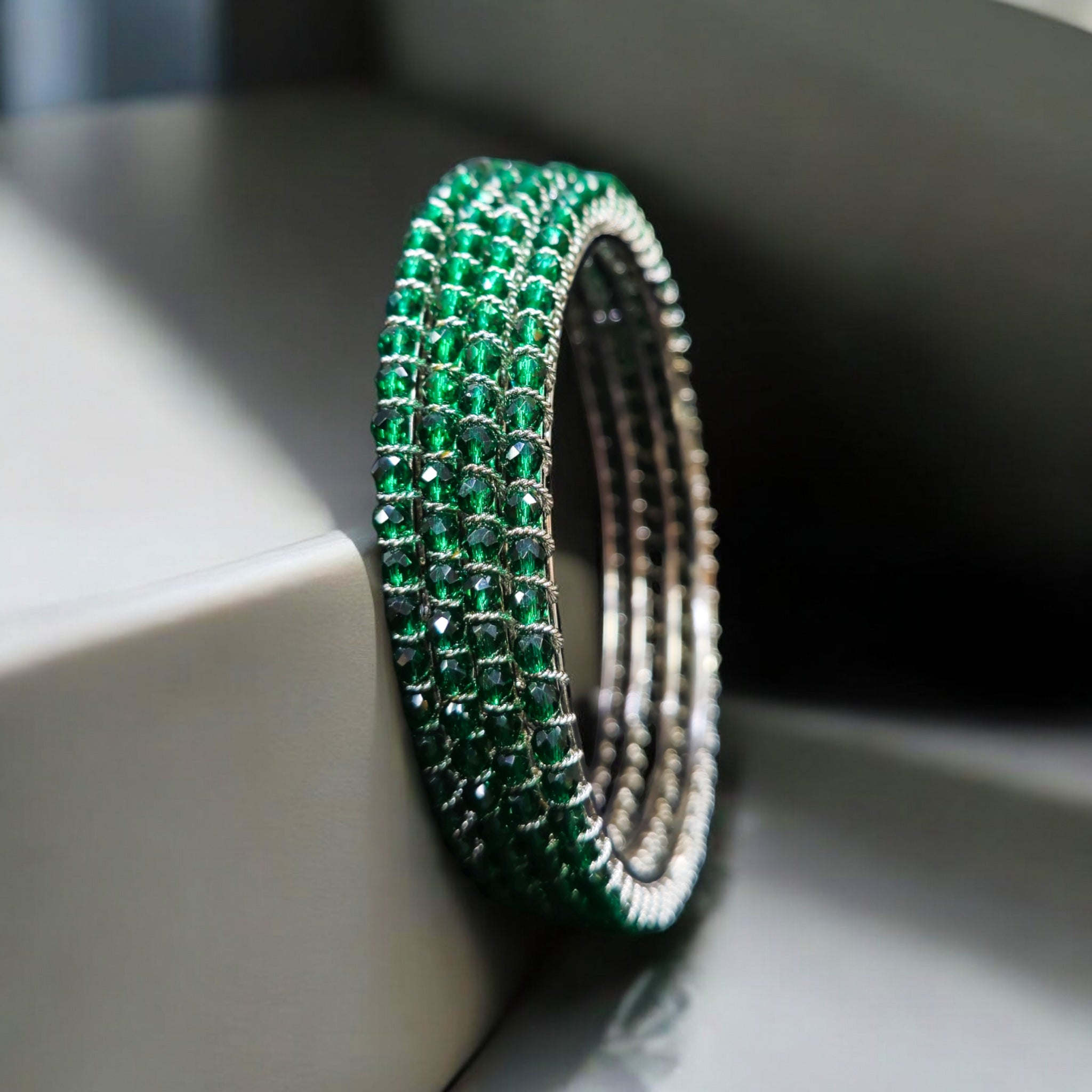 Green Crystal Silver 4 Bangles Set