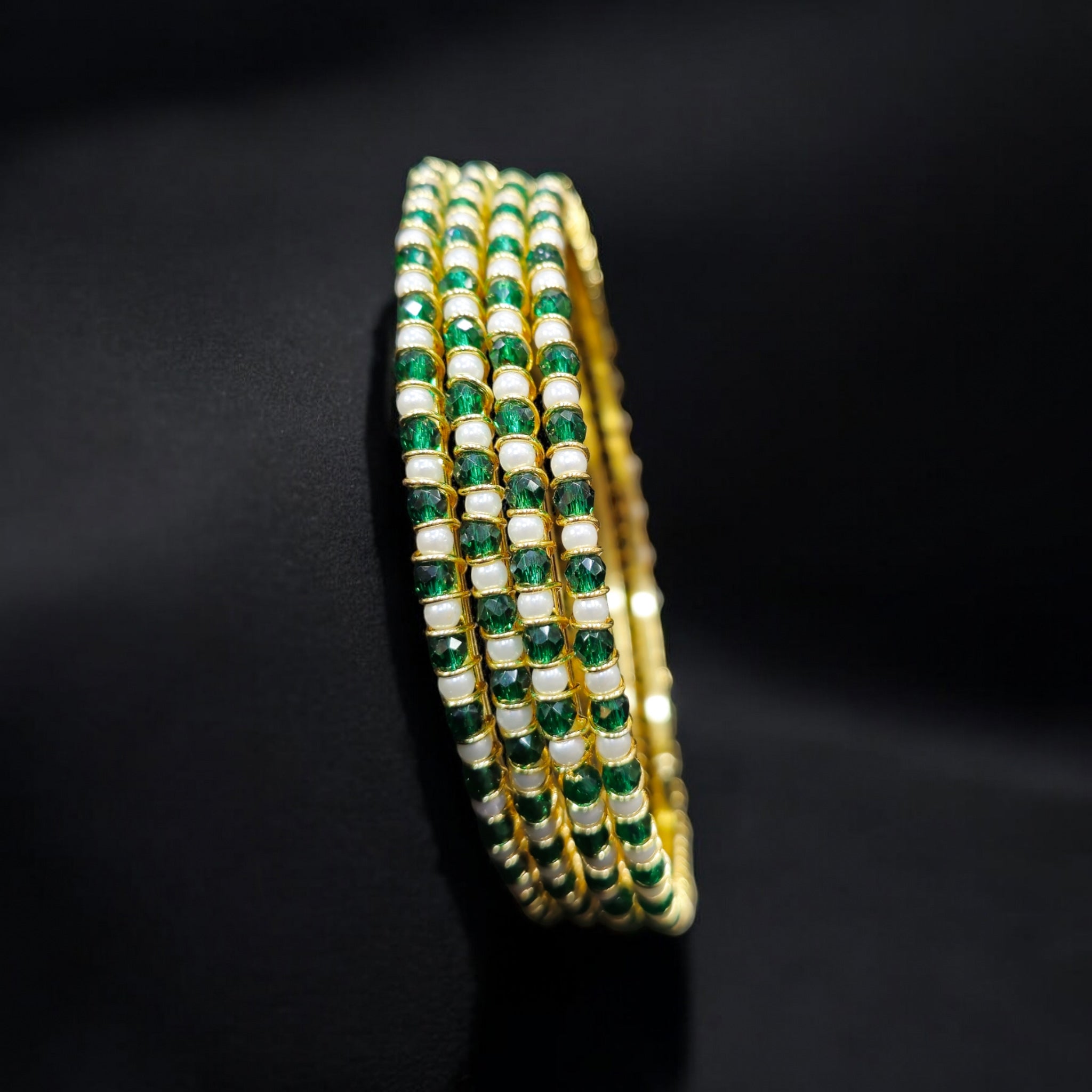 Green Crystal white pearl golden 4 Bangles Set