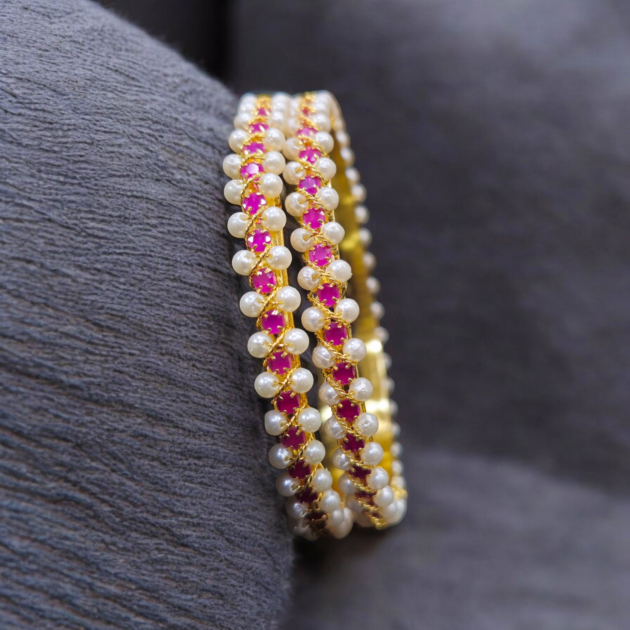 Ruby Stone Pearl Golden Bangles