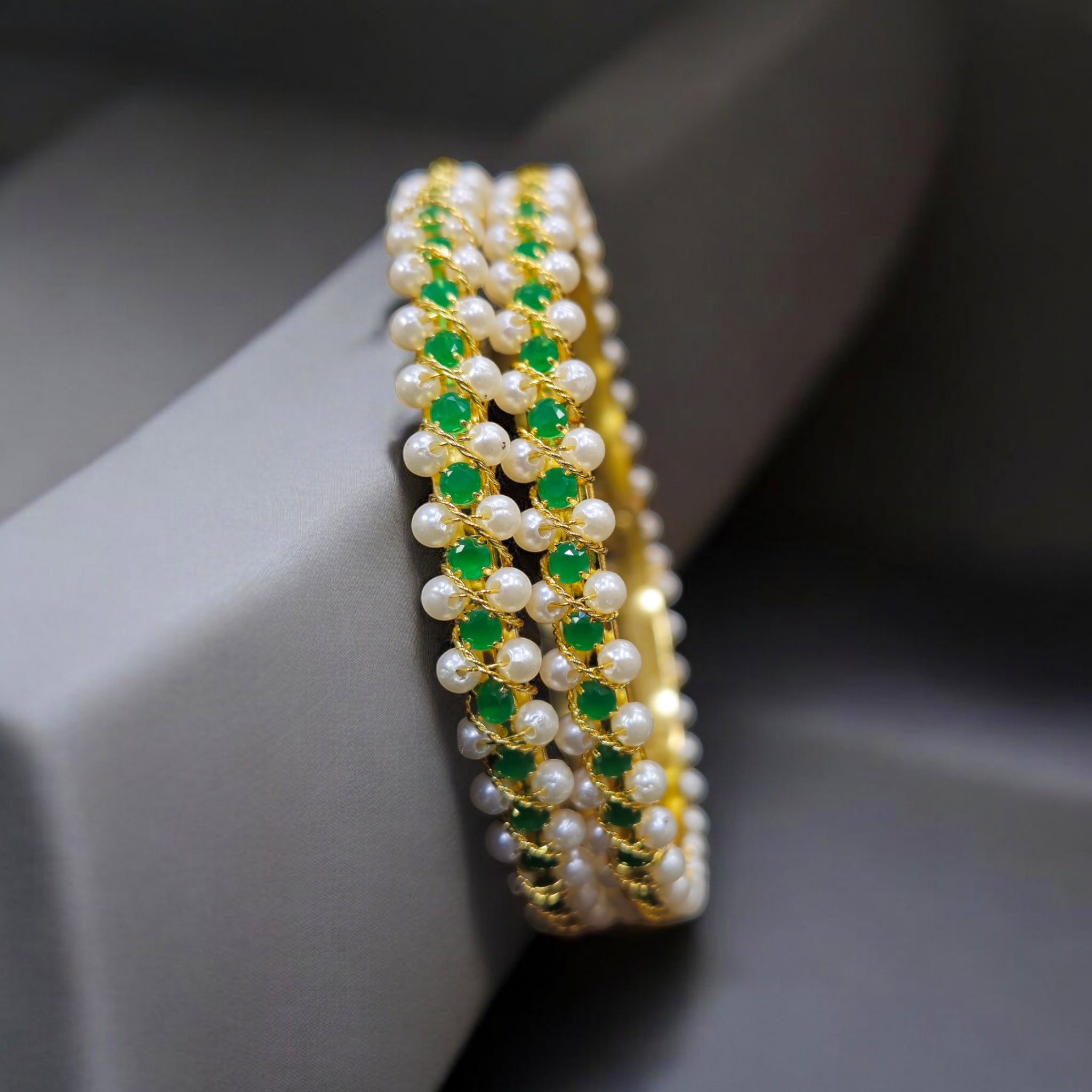 Green Stone Pearl Golden Bangles