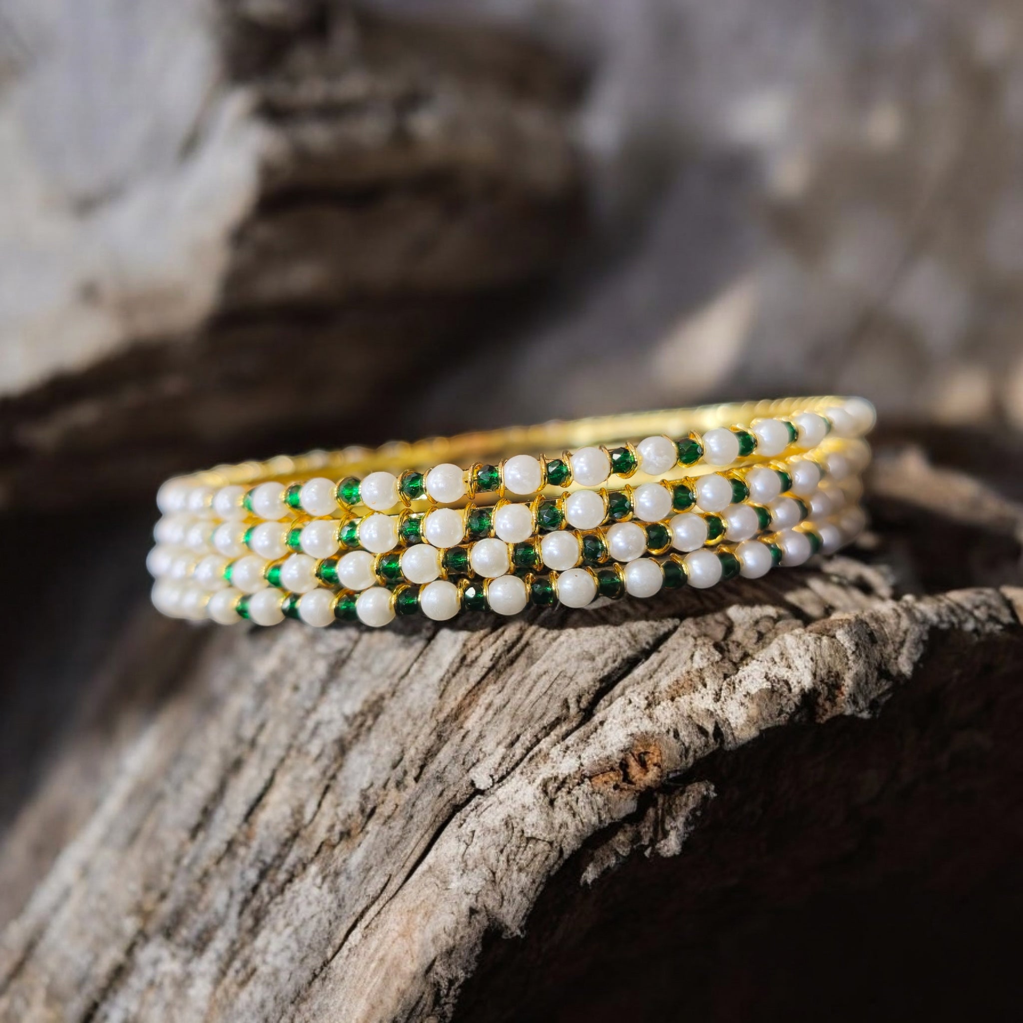 Green Crystal white pearl golden 4 Bangles Set