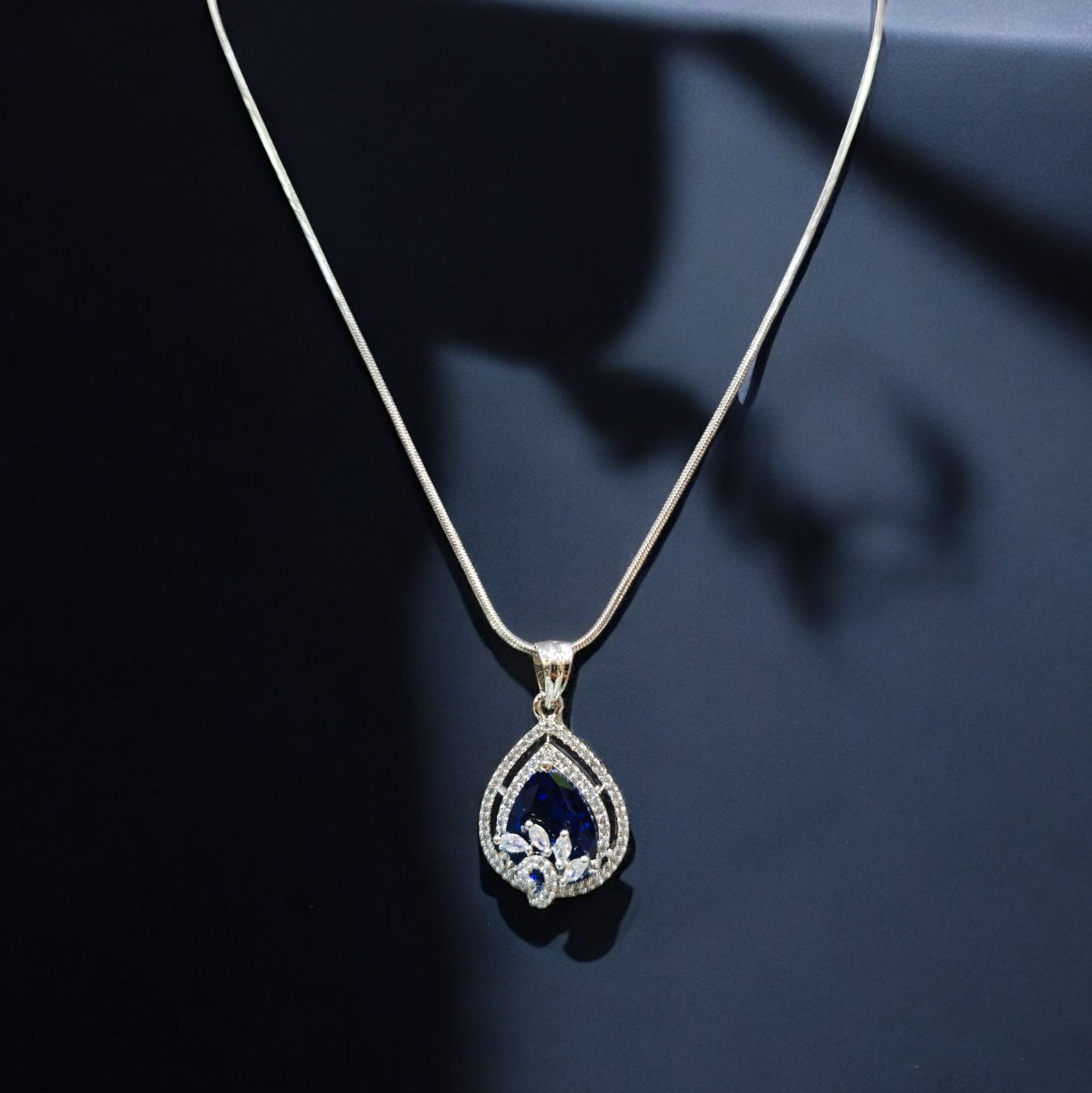 Blue AD Stone Rhodium Plated Pendant Set