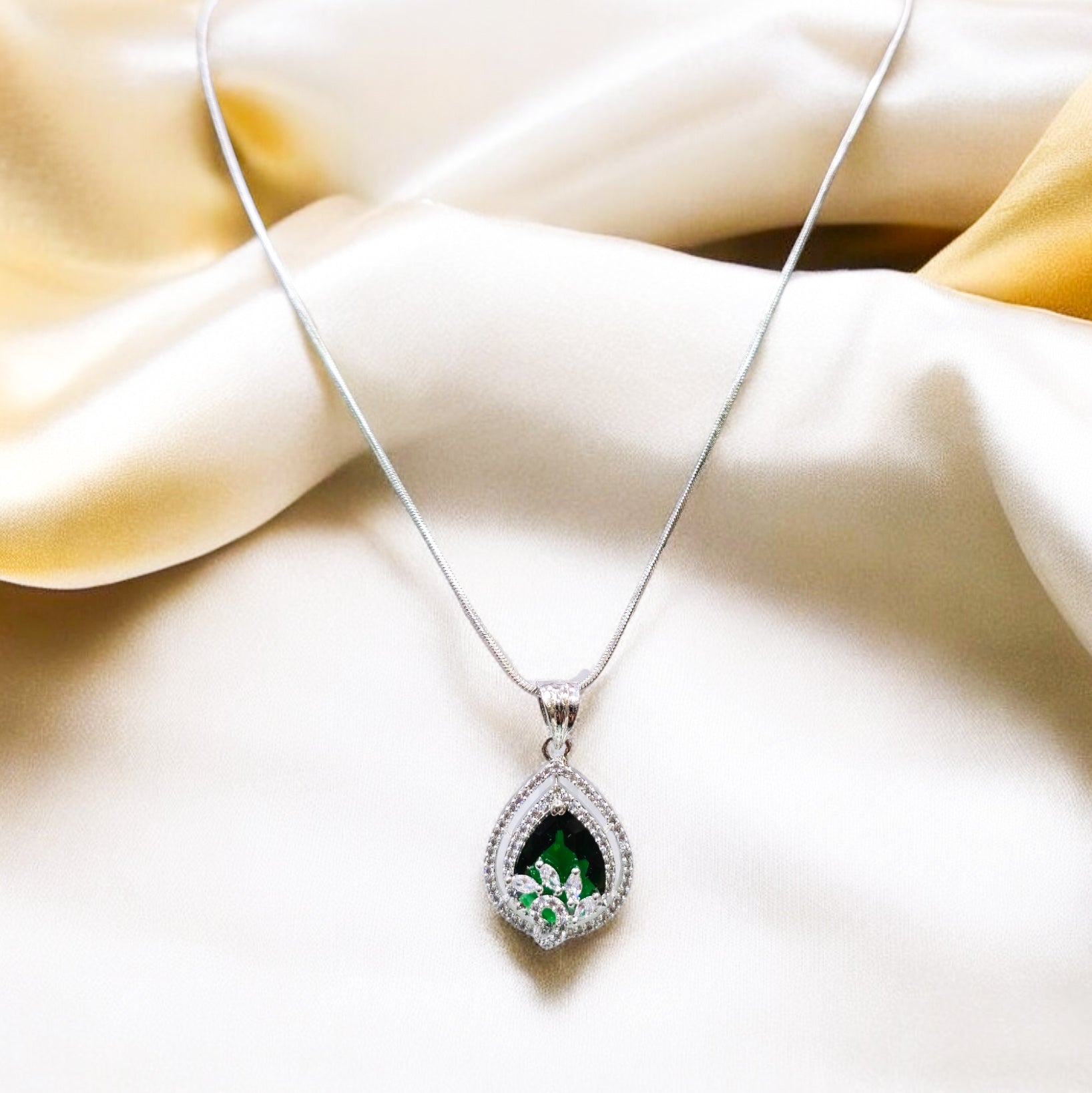 Green AD Stone Rhodium Plated Pendant Set