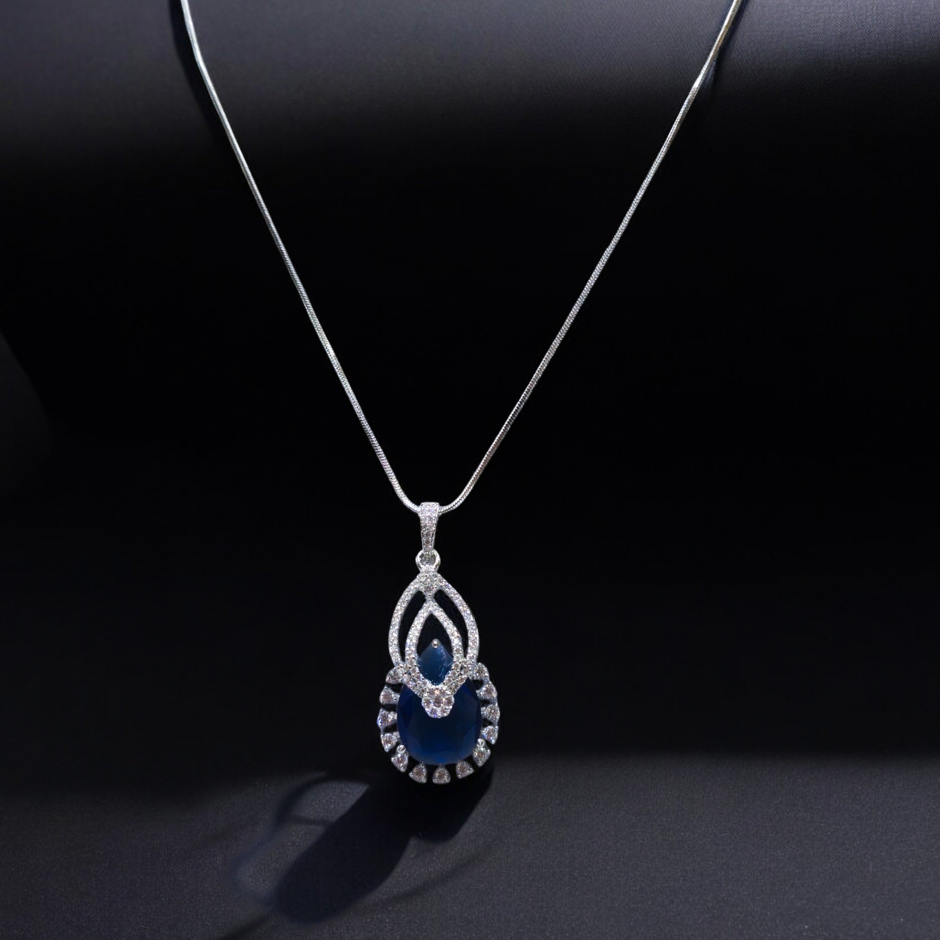 Blue AD Stone Rhodium Plated Pendant Set