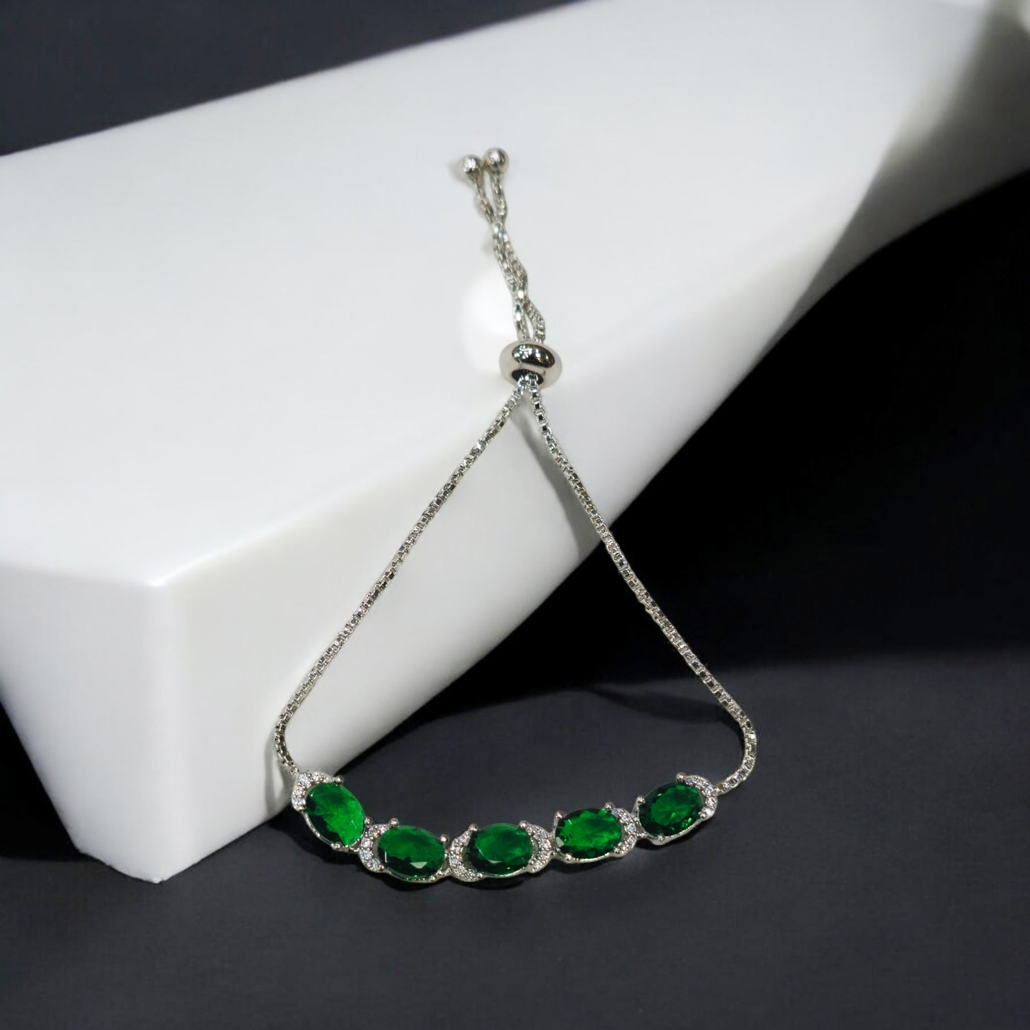 Emerald Stone Rhodium Plated Bracelet