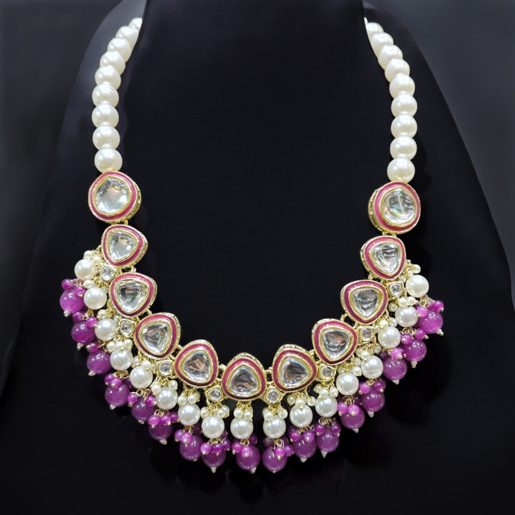 Purple Pearl Polki Necklace Set