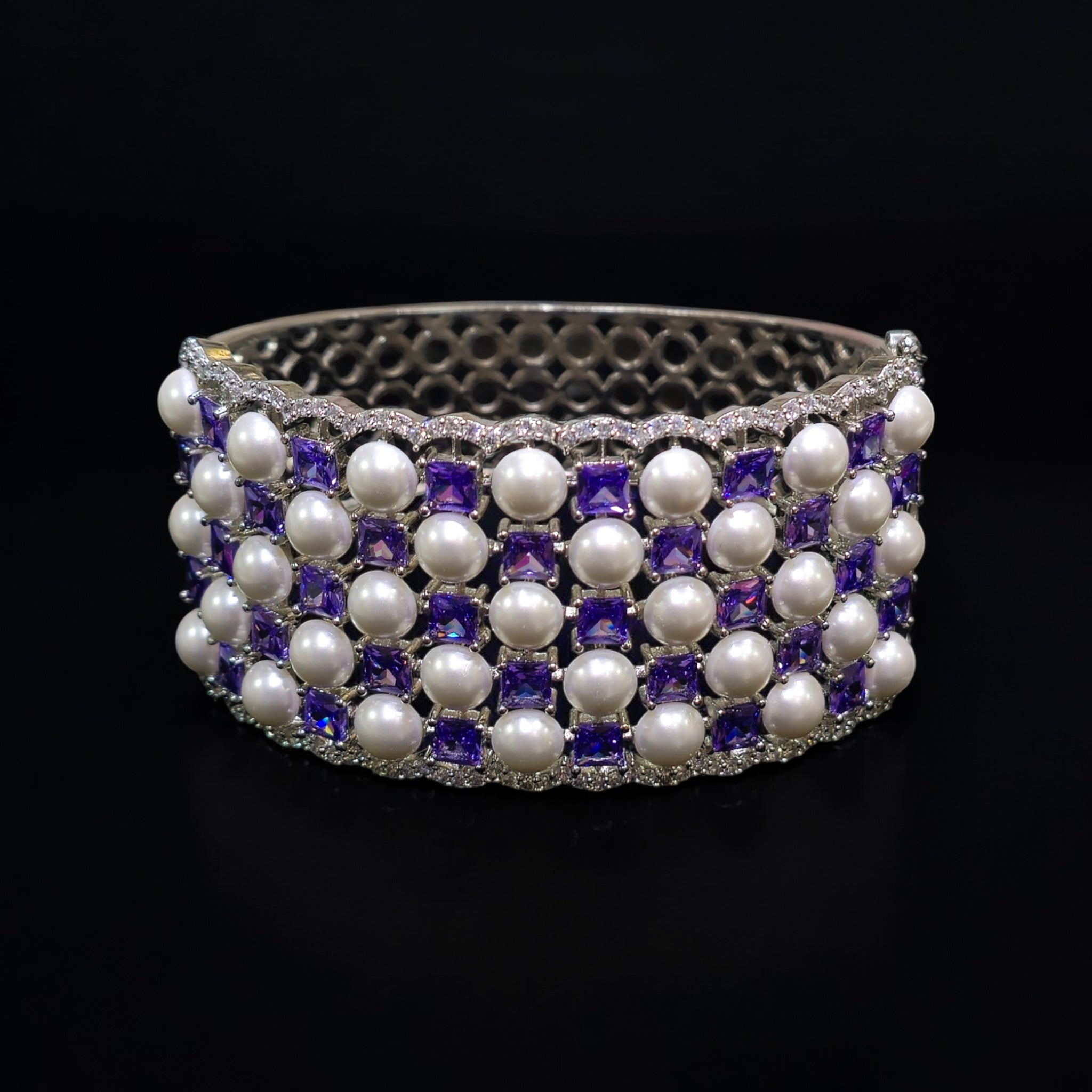 Purple AD Stone Pearl Silver Kada