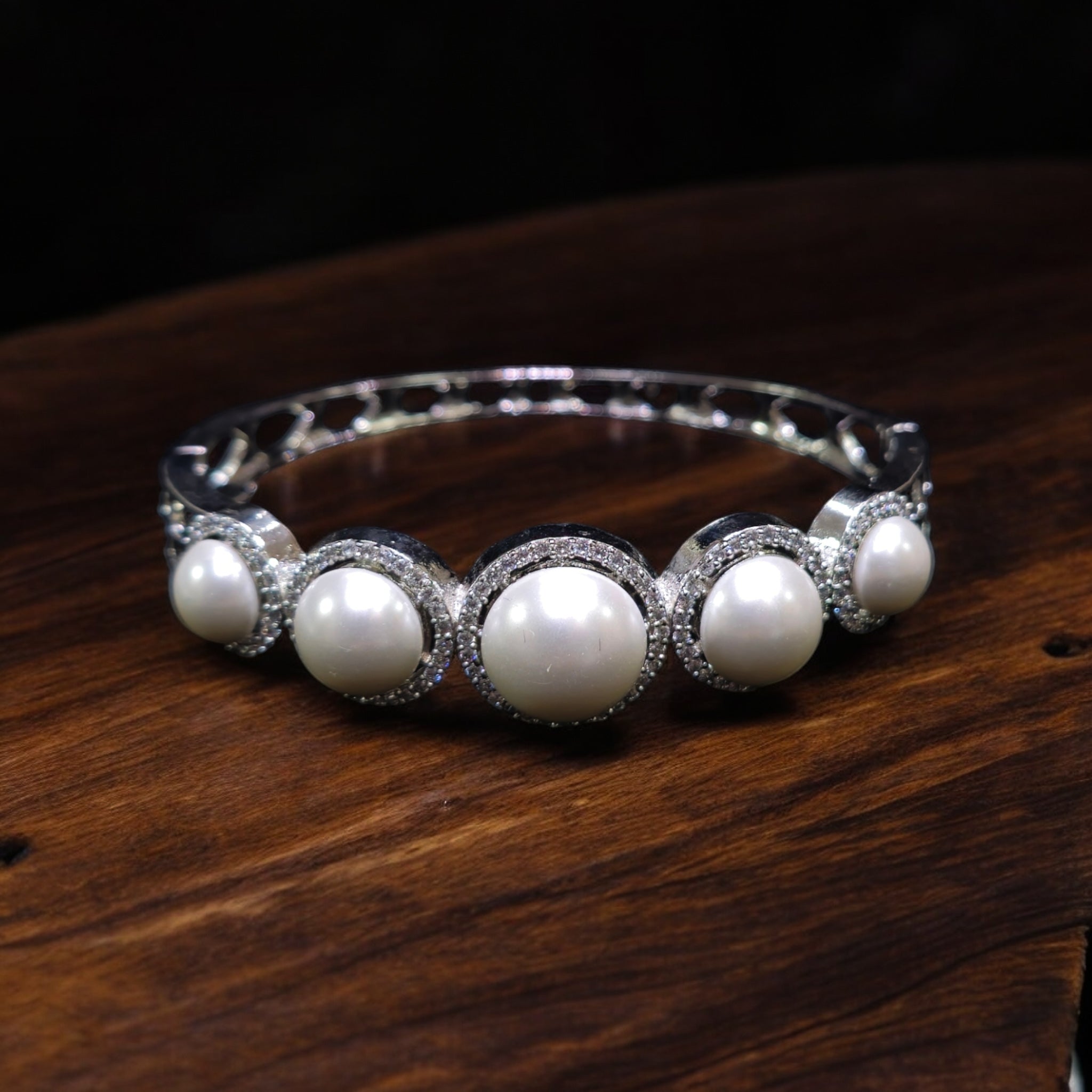 White Pearl AD Stone Silver Kada