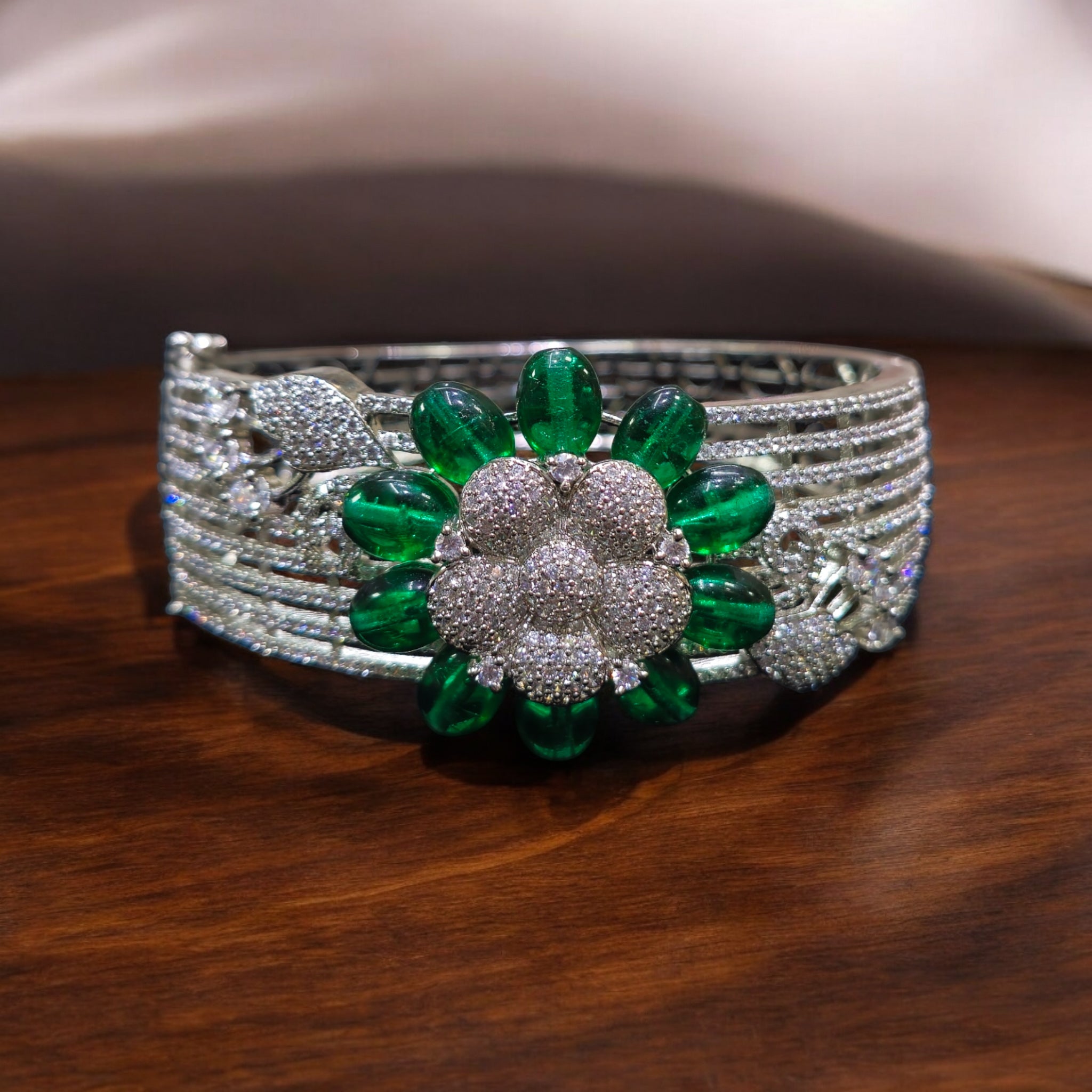 Green AD Stone Silver Kada