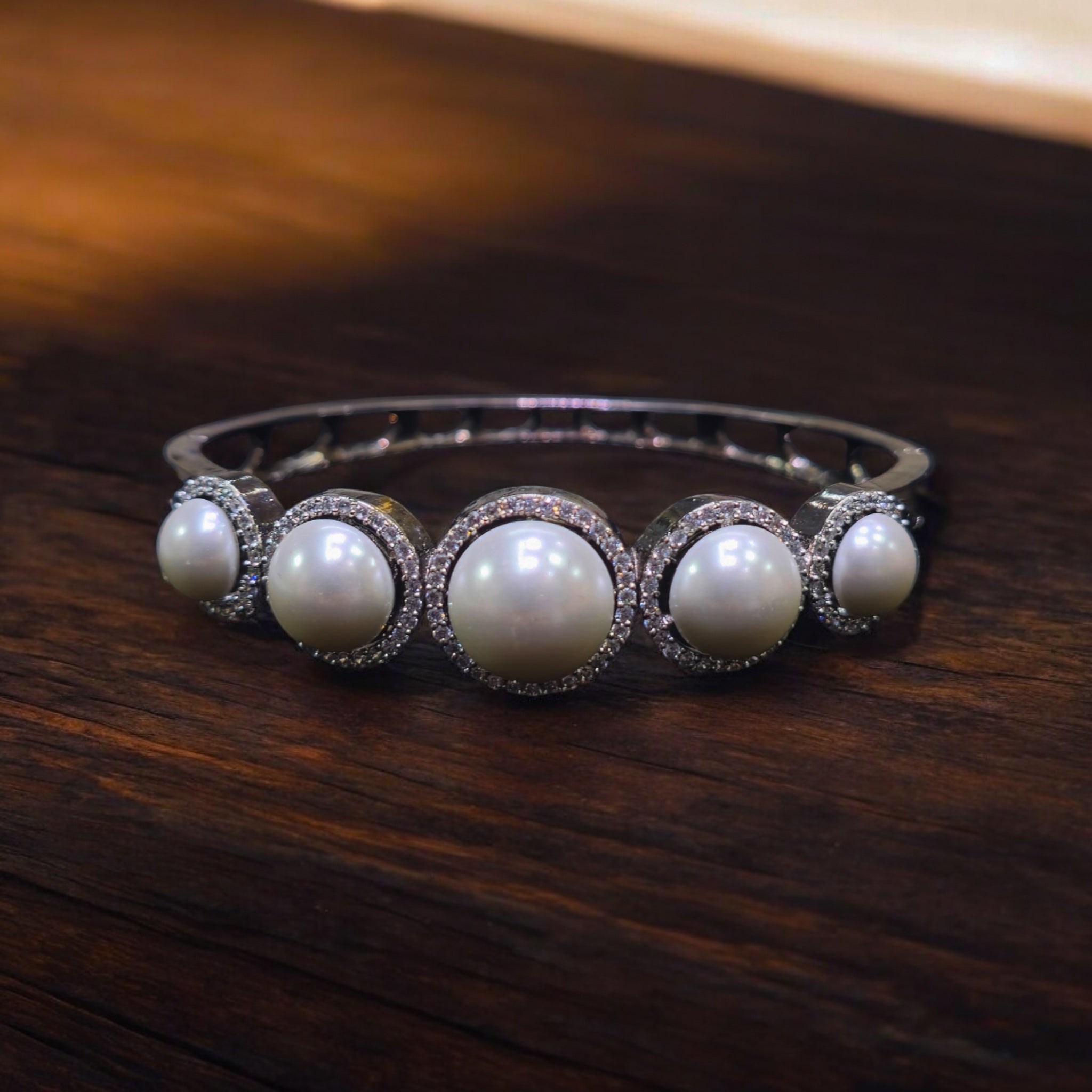 White Pearl AD Stone Black Plated Kada